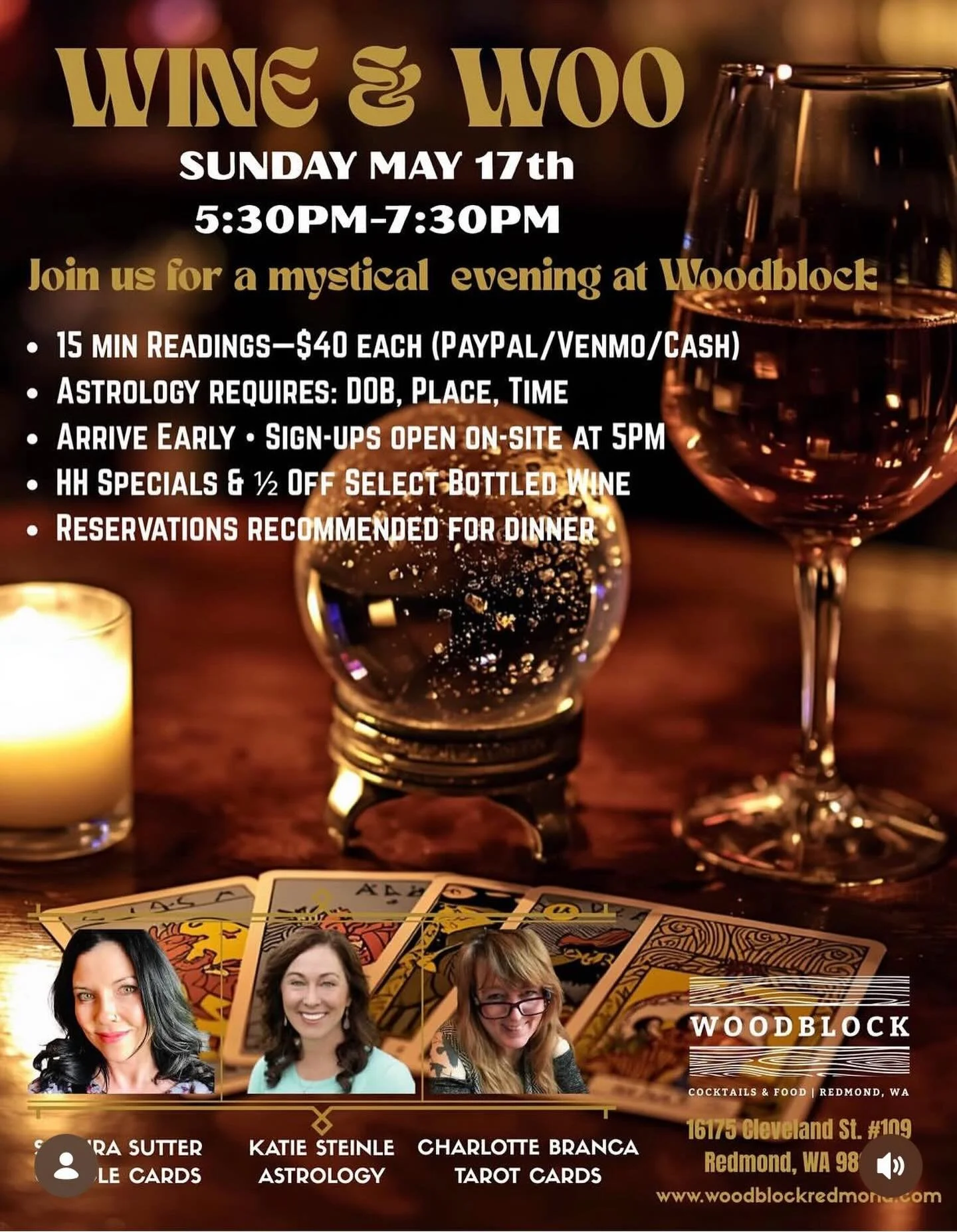 Join us in lovely Redmond at the wonderful Woodblock&mdash;where good food meets a beautiful atmosphere. This curated evening blends fine wine, meaningful connection, and soulful guidance. Throughout the night, we&rsquo;ll be offering refined mini re