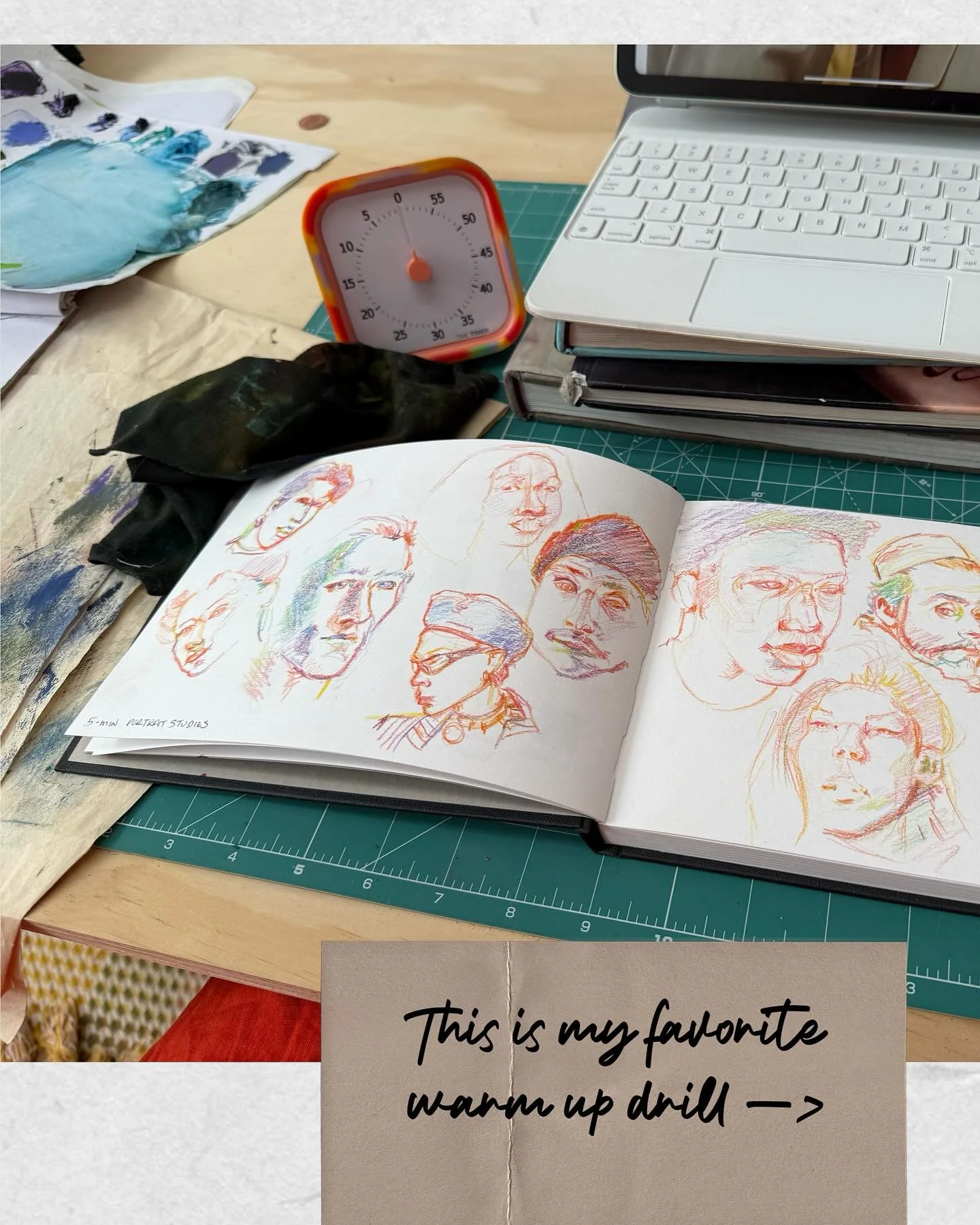 My favorite warm-up: 5-min portrait studies!
I use a Time Timer, a multicolored pencil, and the website @pexels 🩵
Doing quick sketches helps me focus and narrow in on proportions and planes of the face, without worrying too much about details! Disti