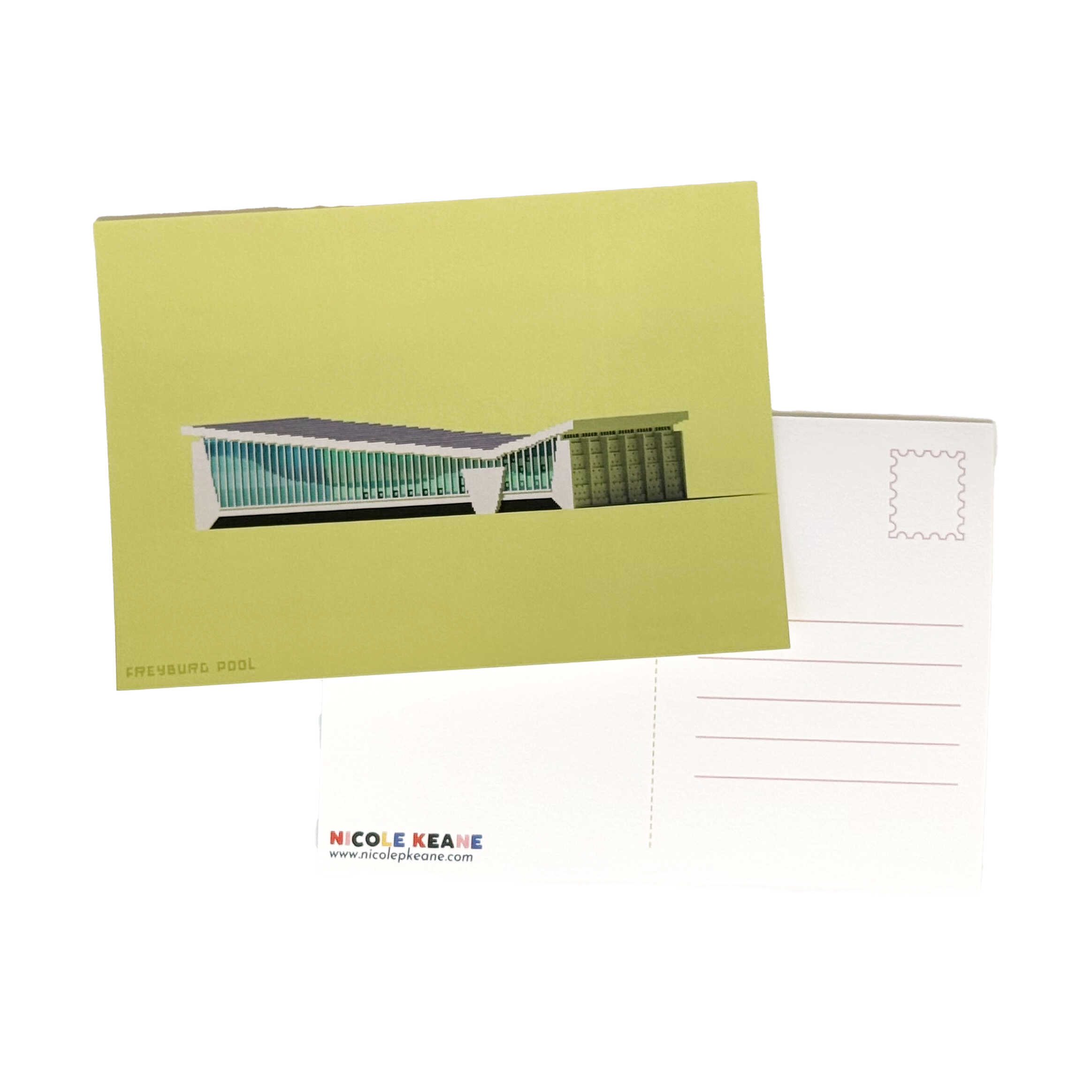 Front and back of the Freyburg Pool Welly Pixels postcard — chartreuse green card with a voxel art illustration of the white and teal pool building, by NZ artist Nicole Keane