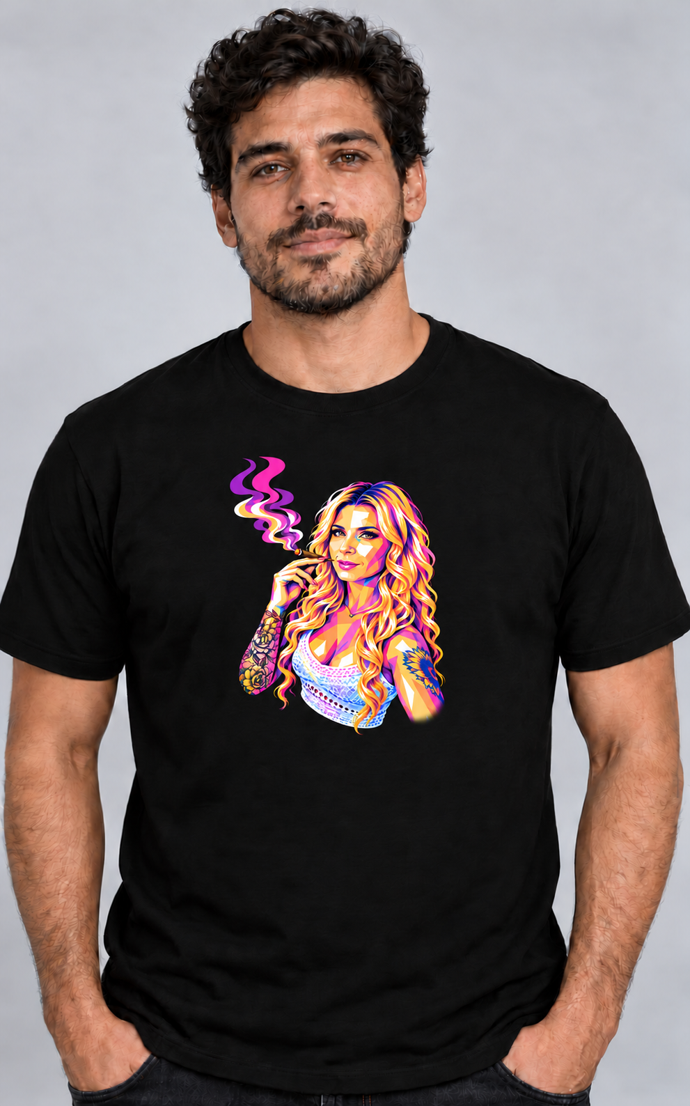 Black T-shirt with colorful tattooed woman portrait.png