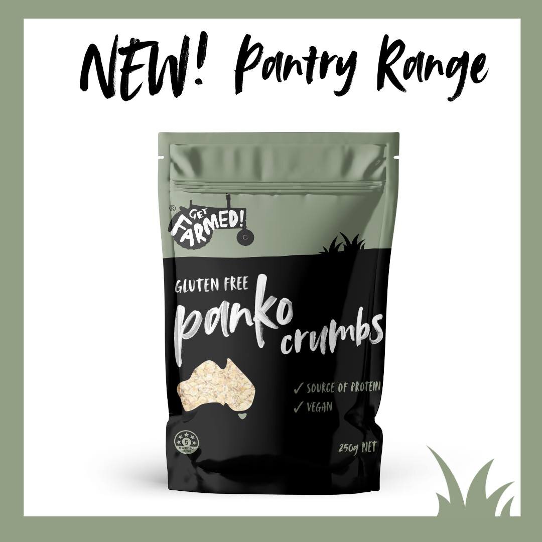 NOW AVAILABLE! Get Farmed gluten-free Panko Crumbs are a delicious, healthy gluten-free alternative for crumbing chicken, fish or vegetables. 

Made from Aussie chickpeas and yellow pea flour.

Gluten-Free, Dairy Free &amp; Egg Free
Vegan
5 Star Heal