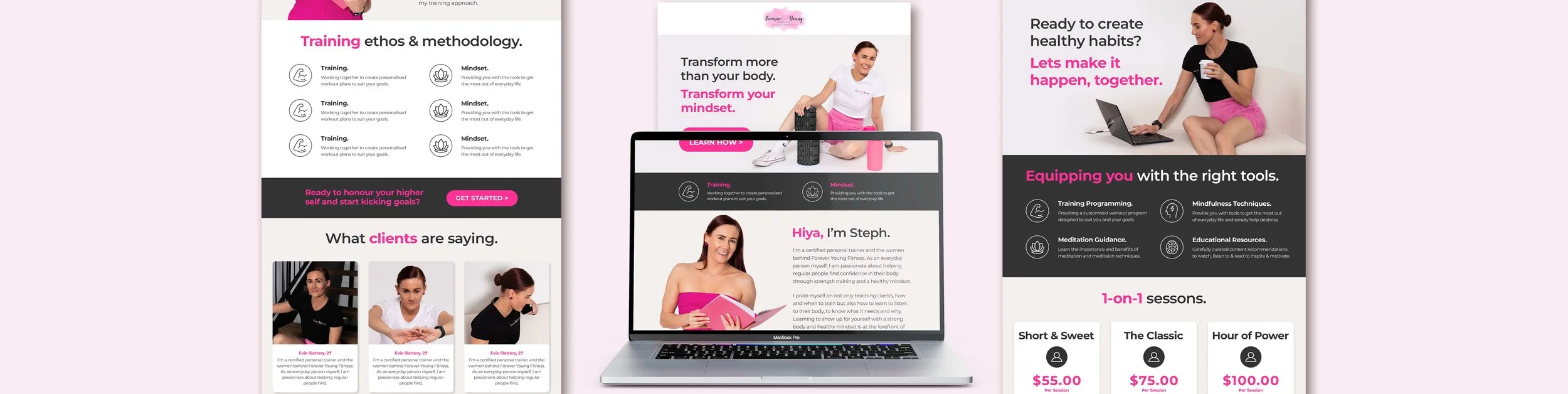 Digital flyer promoting a fitness coaching service with sections on training, mindset, client testimonials, coaching session options, pricing, and a woman in fitness attire working on a laptop.