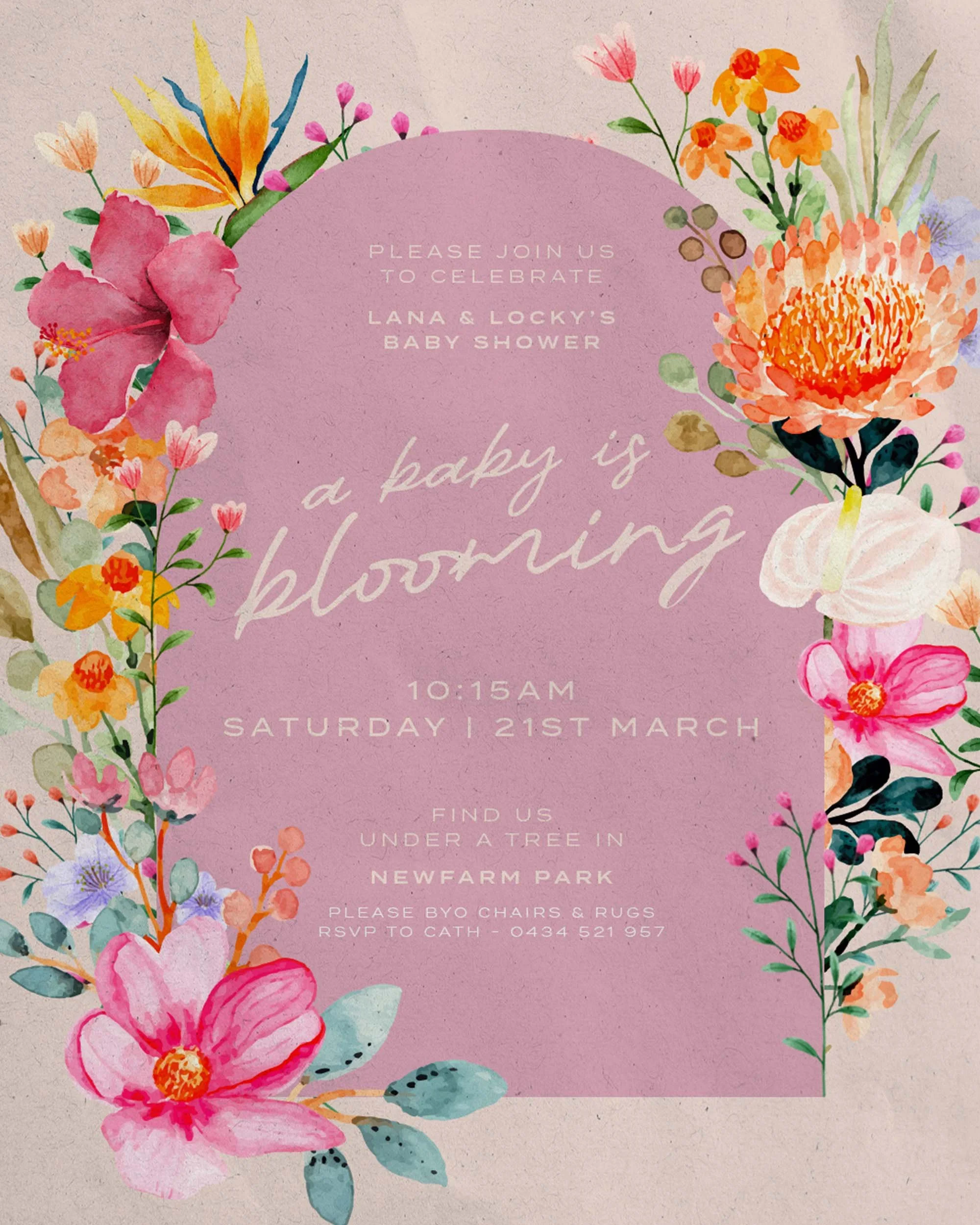 Floral baby shower invitation with pink, orange, yellow, and purple flowers surrounding a pink oval containing event details.