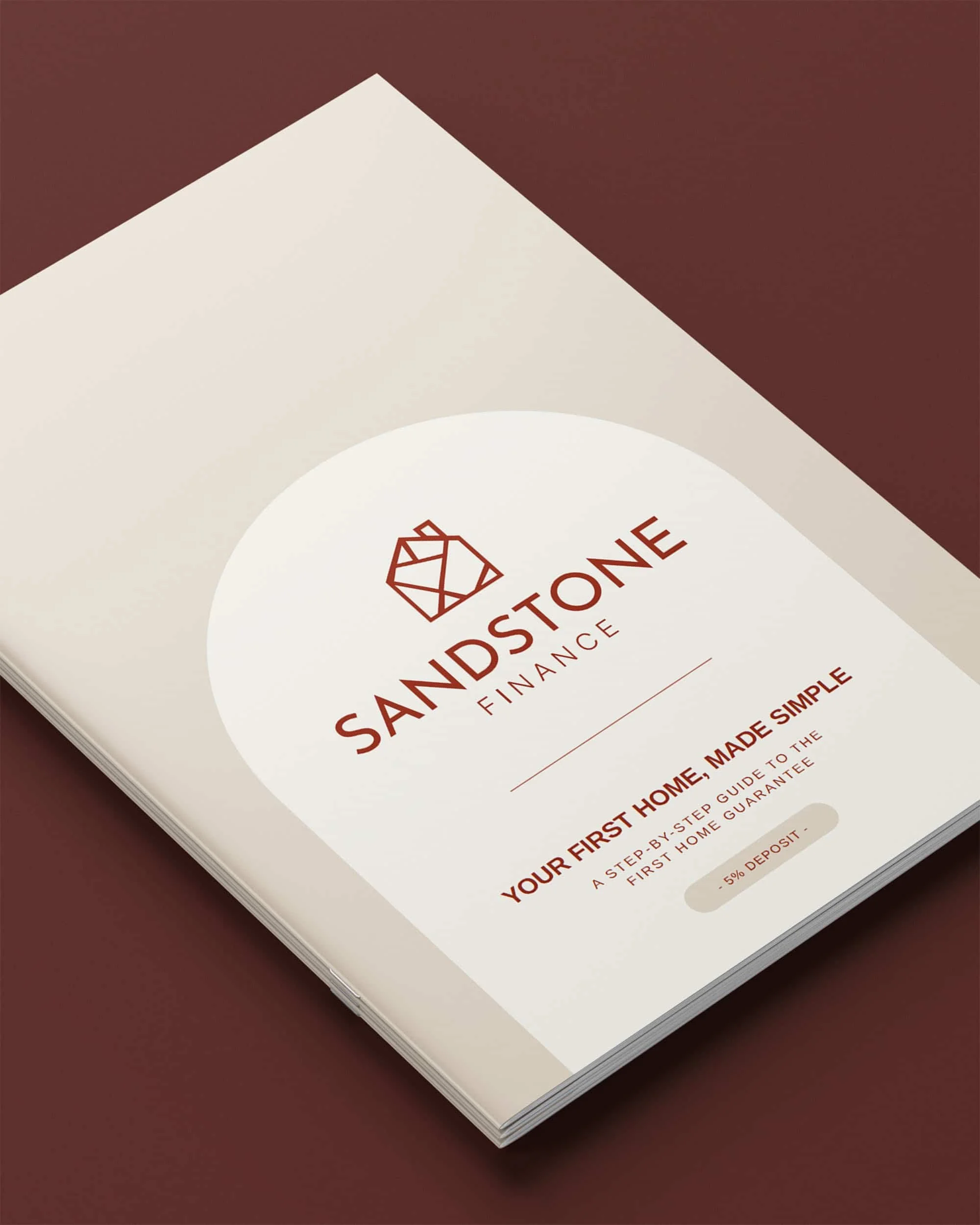 Brochure or flyer for Sandstone Finance with a logo of a stylized house, the tagline "Your First Home, Made Simple," and information about a 5% deposit and step-by-step guide.