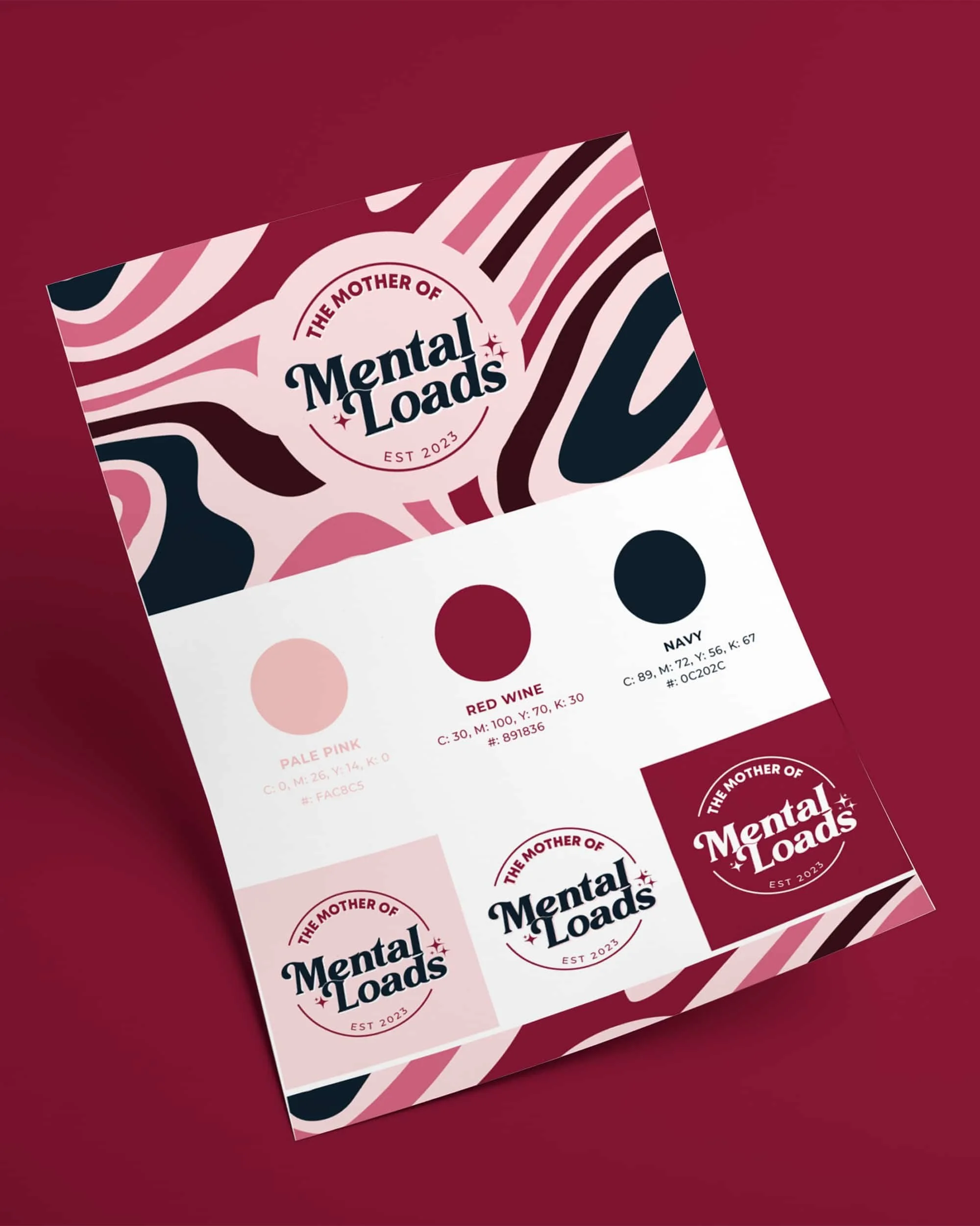 Color palette with three paints labeled Pale Pink, Red Wine, and Navy. Each color has corresponding RGB and HEX codes. The palette features branding labels for 'Mental Loads,' with the tagline 'The Mother of Mental Loads' and the year 2023, against a maroon background with abstract black, pink, and white patterns.