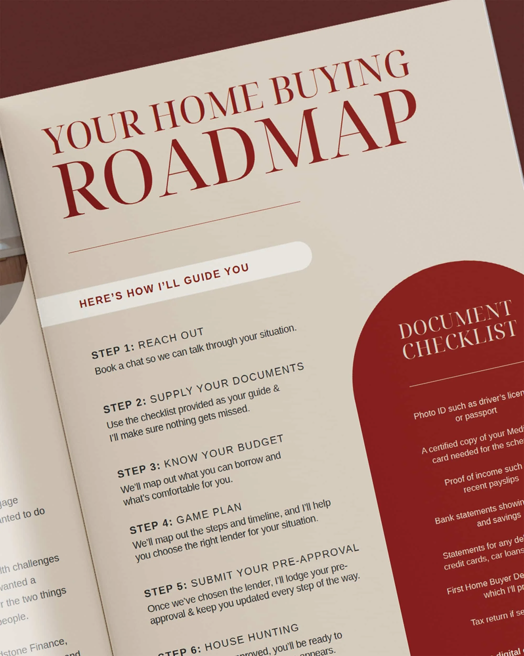 A brochure titled 'Your Home Buying Roadmap' with instructions for the home buying process and a checklist of documents needed.