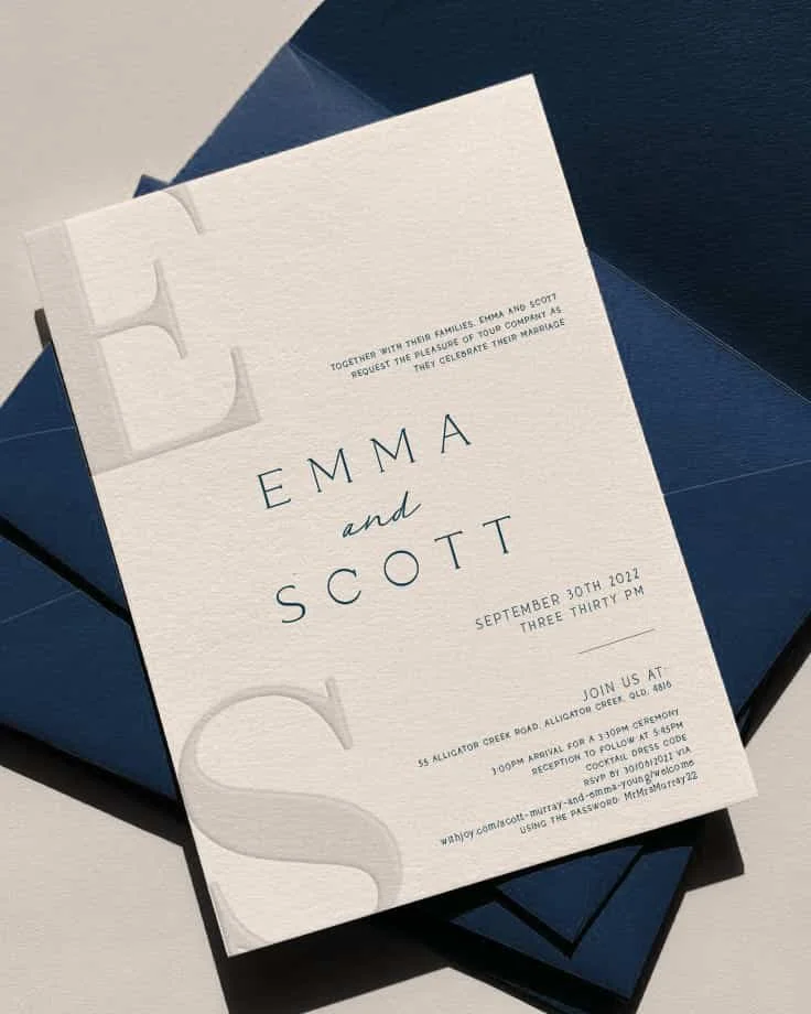 Wedding invitation for Emma and Scott, scheduled for September 30th, 2021 at 3:30 PM, with details for the ceremony and reception on Alligator Creek Drive.