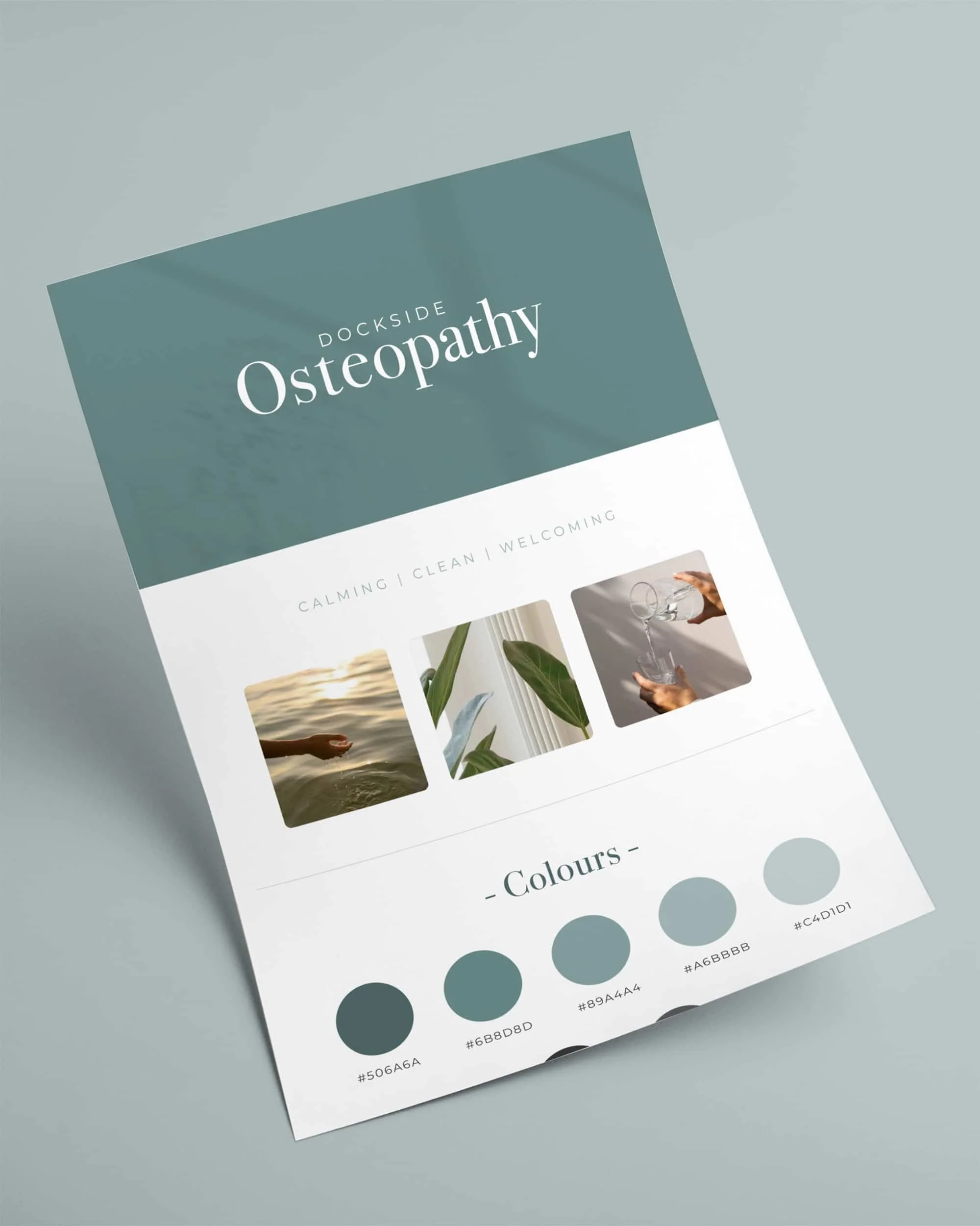 A color palette and images for a service called Dockside Osteopathy. The palette includes shades of blue and gray. The images depict a hand touching water, green leaves, and hands pouring water. The text emphasizes calming, clean, and welcoming qualities.