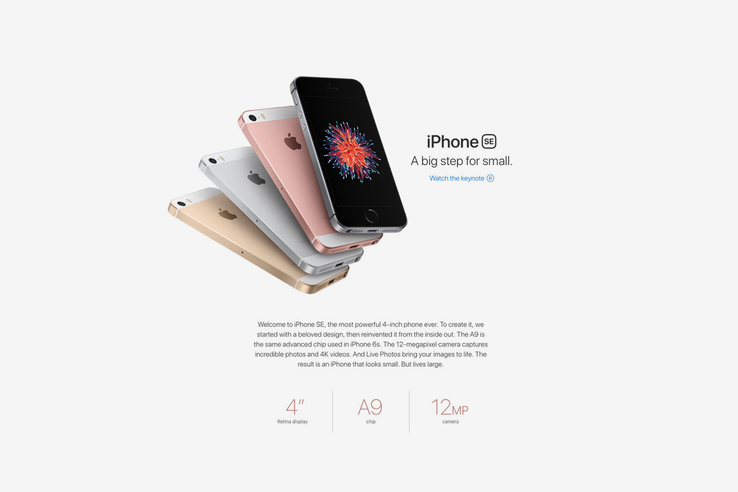 Not to get sentimental, but this was my first project at Apple. It also marked a first for iPhone — a return to its beloved 4” design. But even with its smaller size, iPhone SE had practically every piece of technology inside refined and enhanced. S