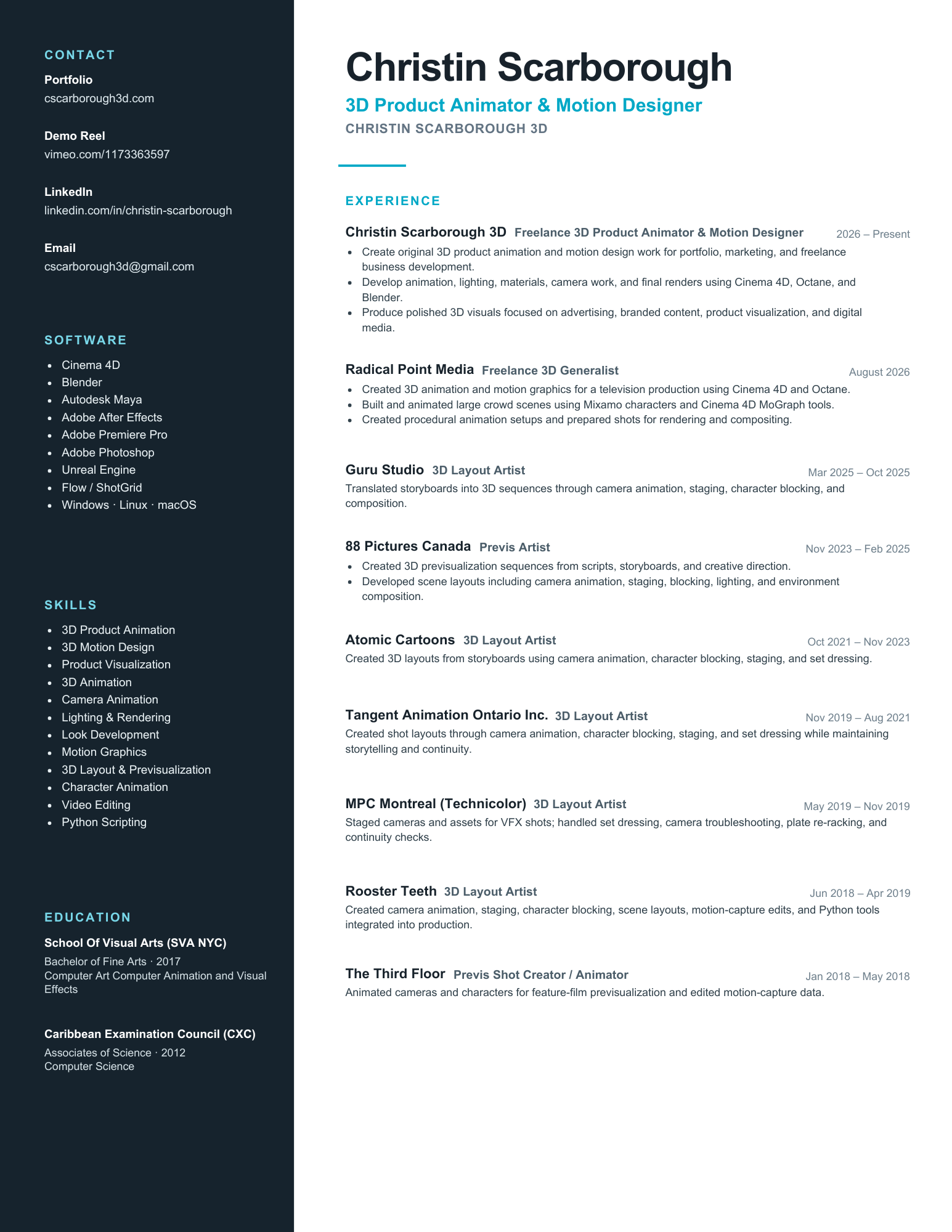 Christin Scarborough résumé preview – 3D Product Animator & Motion Designer