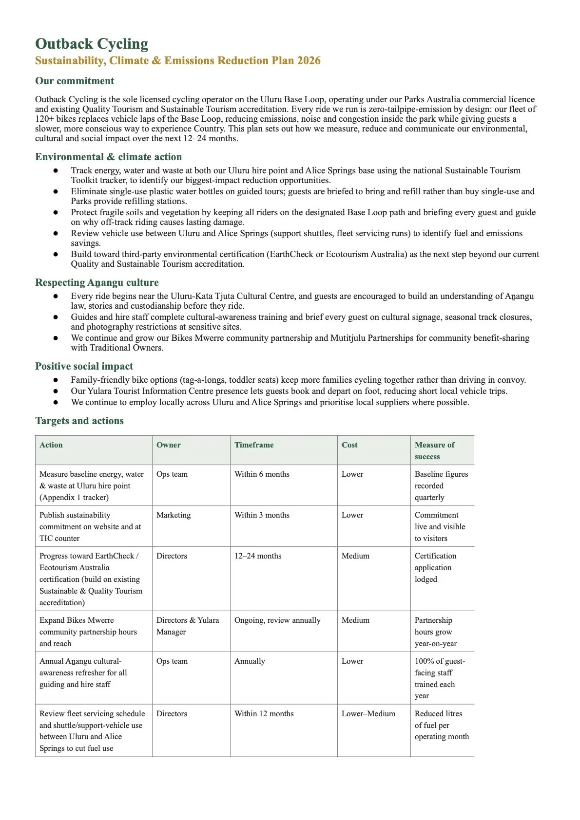 Outback Cycling Sustainability, Climate and Emissions Reduction Plan 2026