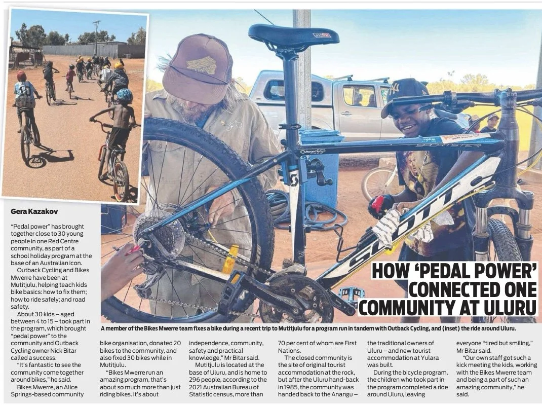 Bikes Mwerre teaching bike maintenance at Mutijulu in September school holidays