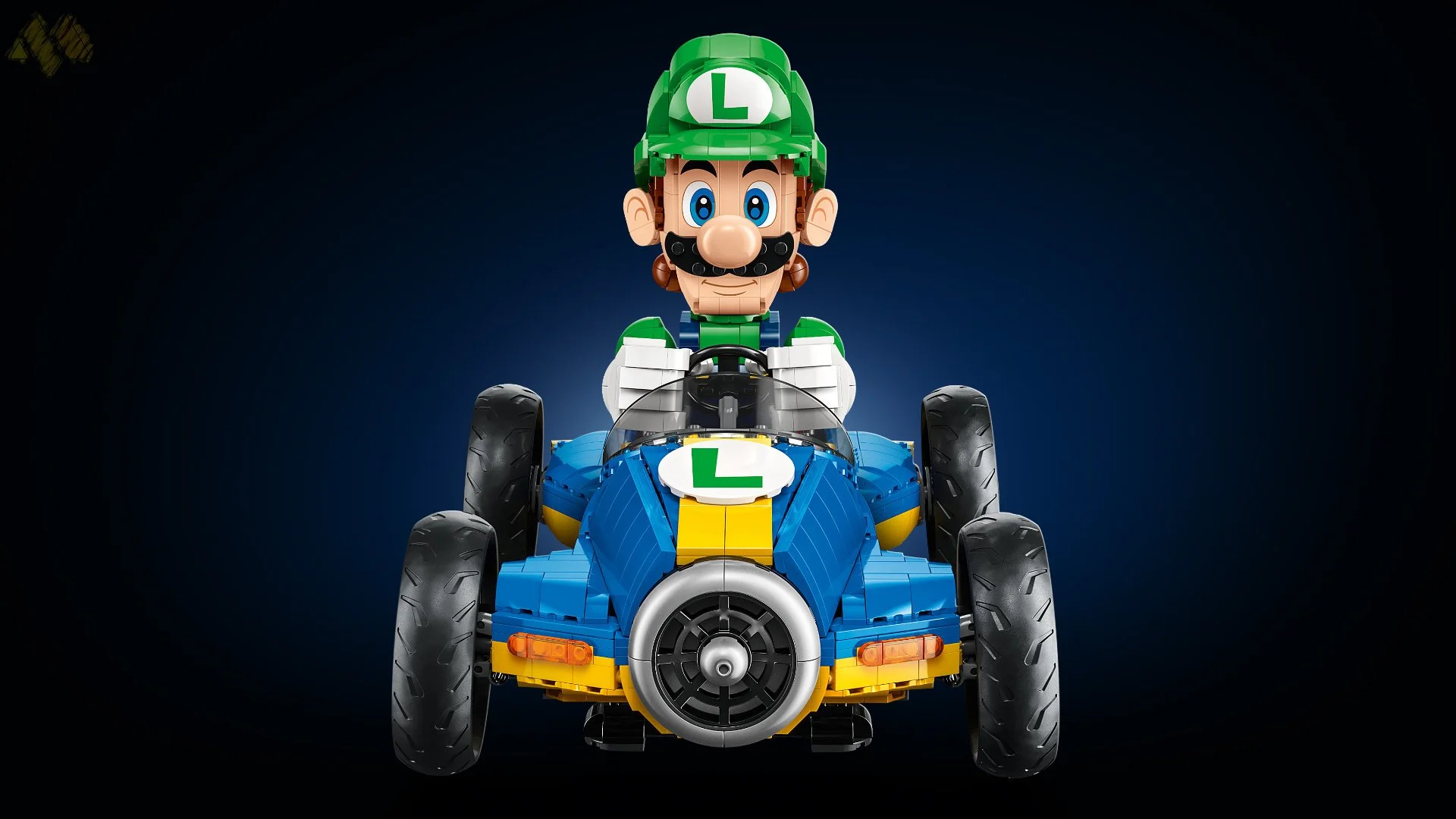 Lego Mario Kart is doing another lap, with Luigi and the Mach 8 taking the lead