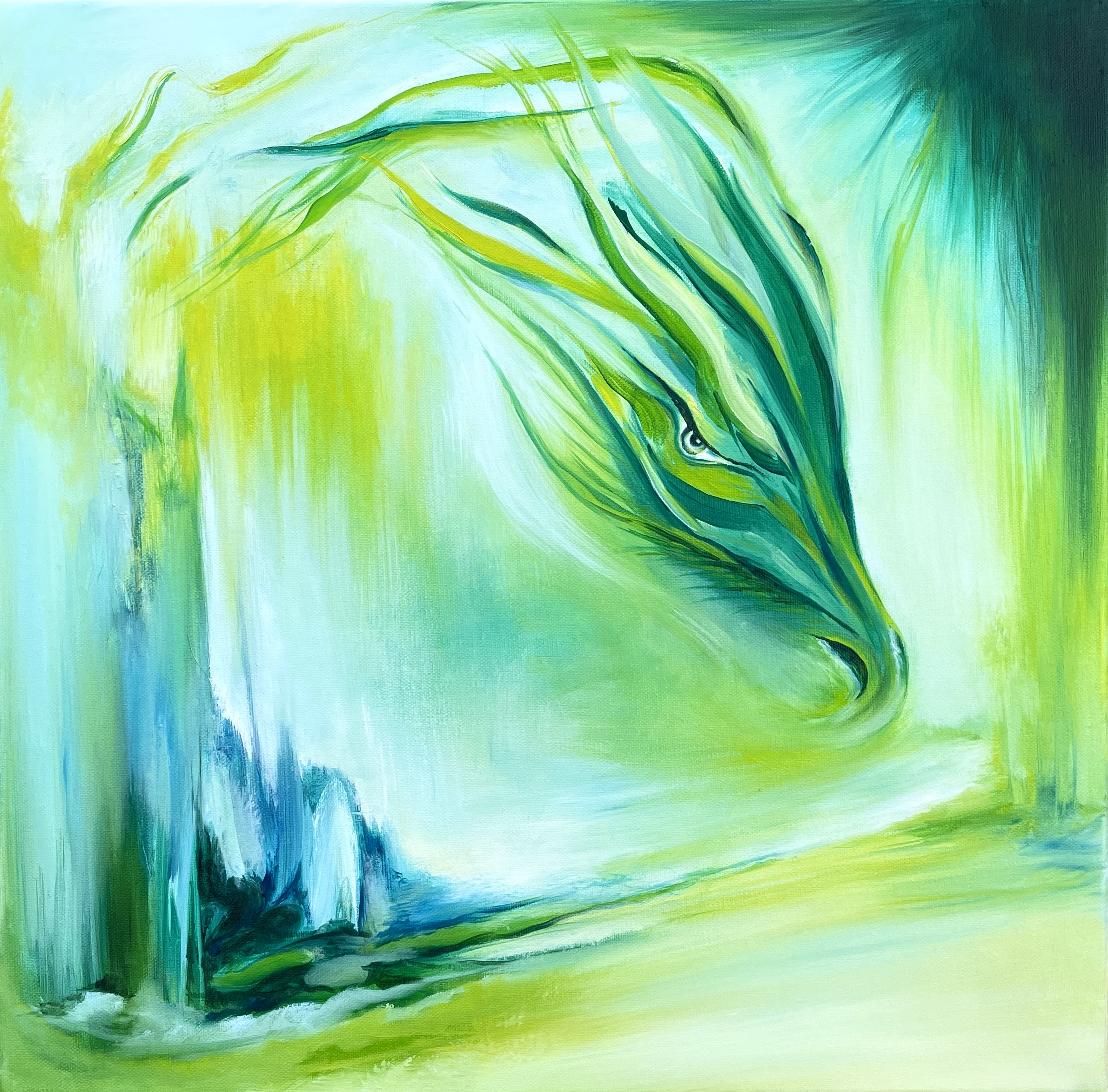"EMERALD POWER DRAGON" (2025) oil on stretched canvas 50x50cm