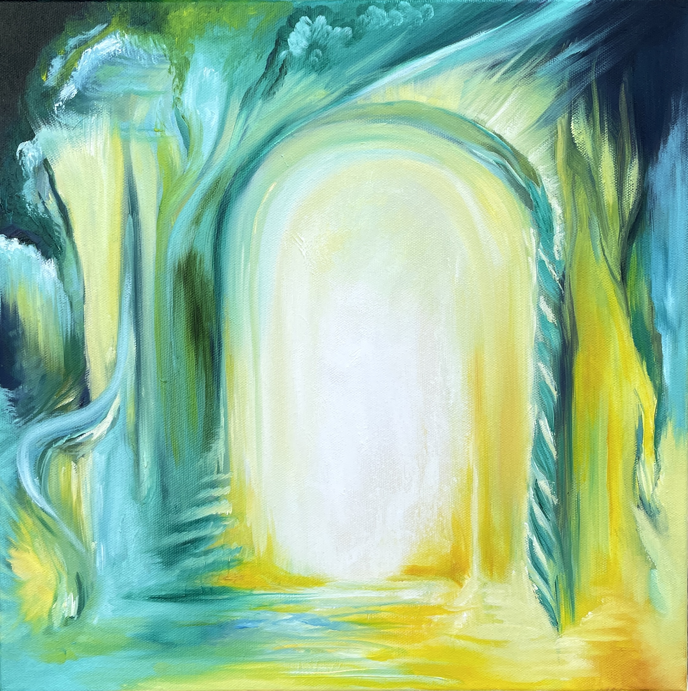 "EMERALD TEMPLE OF HEALING" (2024) oil on stretched canvas 40x40cm