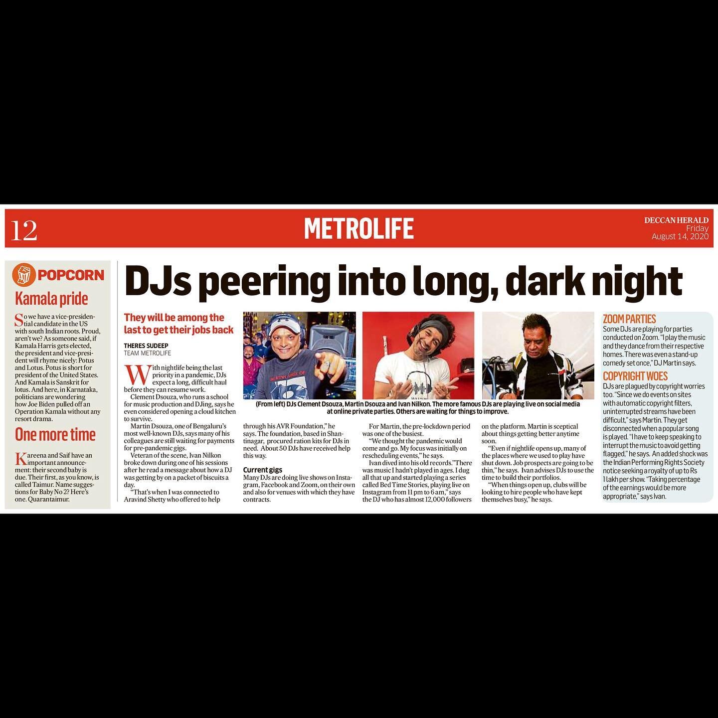 Yet the music will not stop ❤️
.
Deccan Herald - Metrolife carried out an article about the affects of the pandemic on the NightLife Industry &amp; DJs. @djivanindia, @djclementdsouza &amp; I shared our thoughts about it. Do give it a read and share 