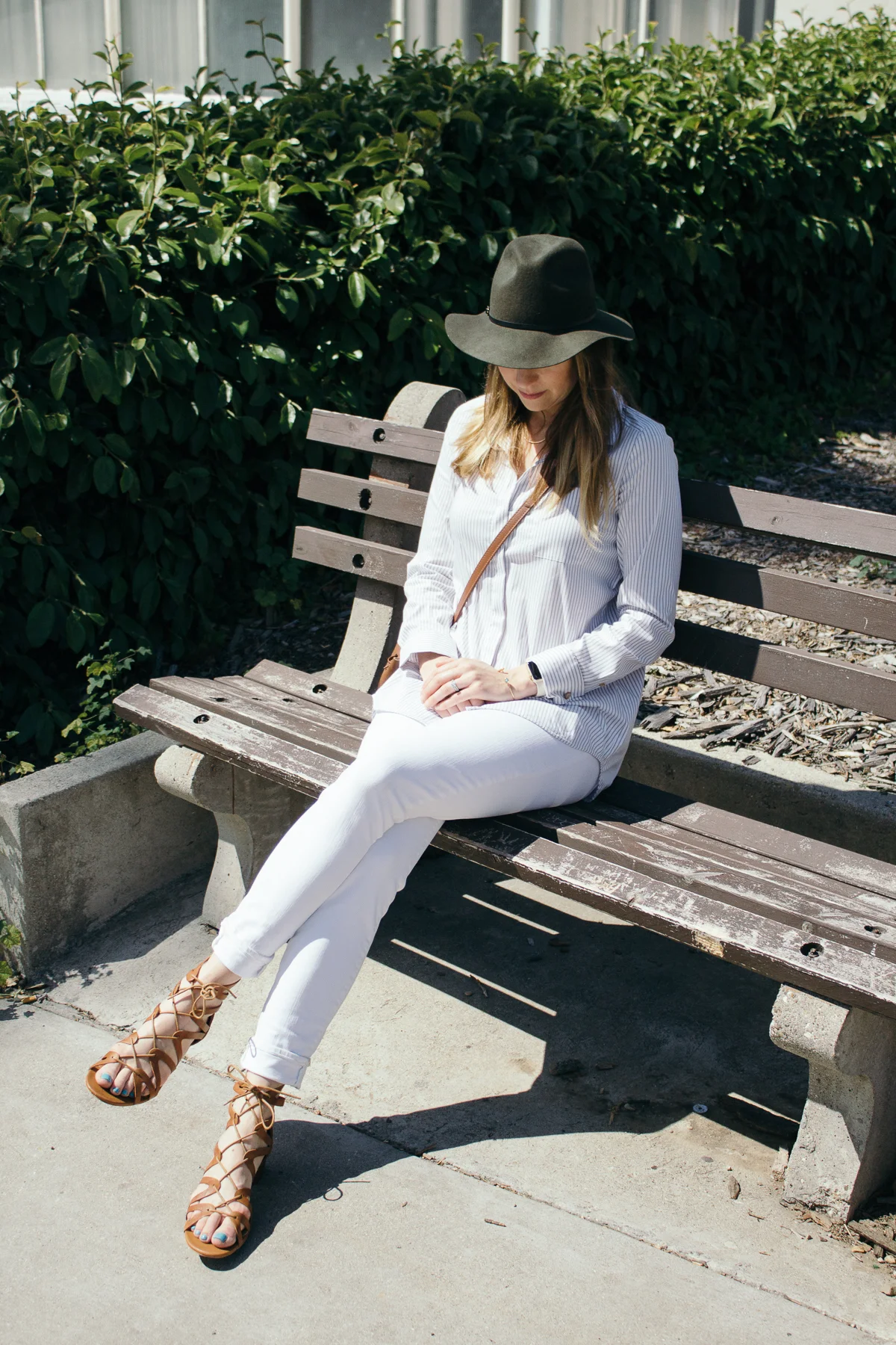 JCrew white denim, white jeans, lace up sandals, corso como lace up sandals, topshop, topshop felt hat, Olivia Palermo striped shirt, Shaeffer LA bucket bag