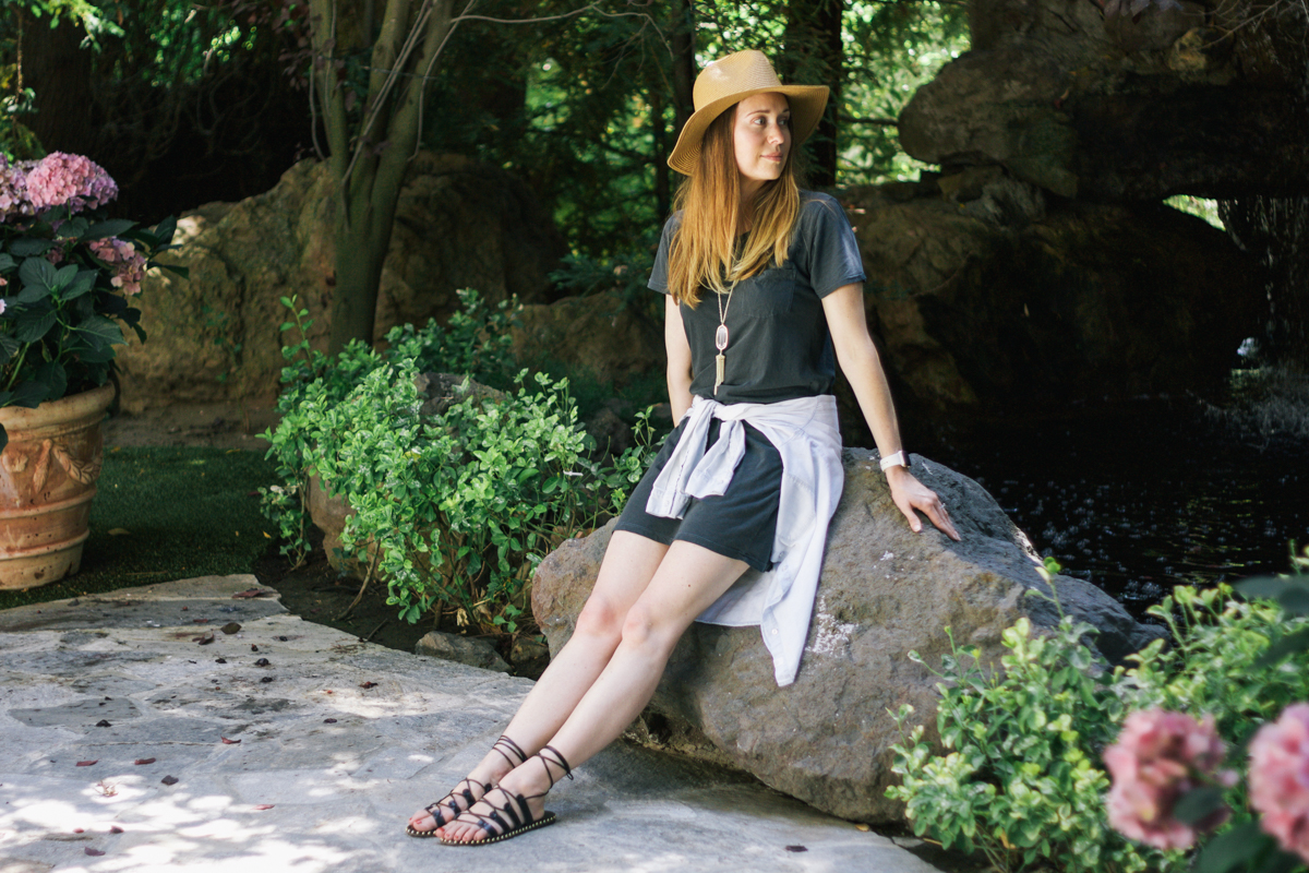 Rocksbox, Kendra Scott necklace, tassel necklace, t-shirt dress, JCrew t-shirt dress, JCrew dress, summer dress, casual dress, Madewell hat, Jcrew sunglasses, JCrew tote, tote, JCrew gladiator sandals, gladiator sandals, lace up sandals, JCrew sandals, chambray shirt