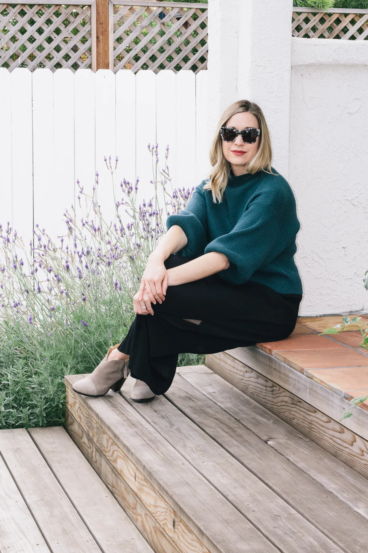 fitted ankle skirt, balloon sleeve sweater, mock neck sweater, peacock blue sweater, rag and bone booties, rag and bone margot booties, kate spade tote