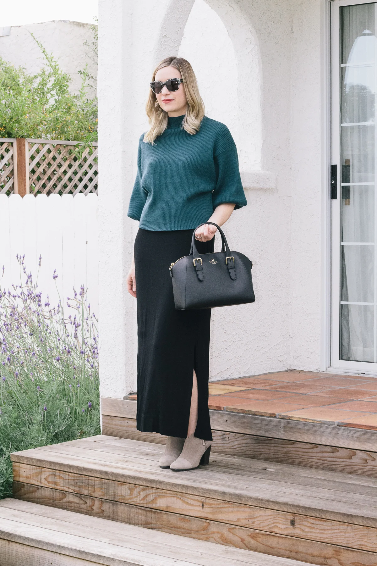 fitted ankle skirt, balloon sleeve sweater, mock neck sweater, peacock blue sweater, rag and bone booties, rag and bone margot booties, kate spade tote