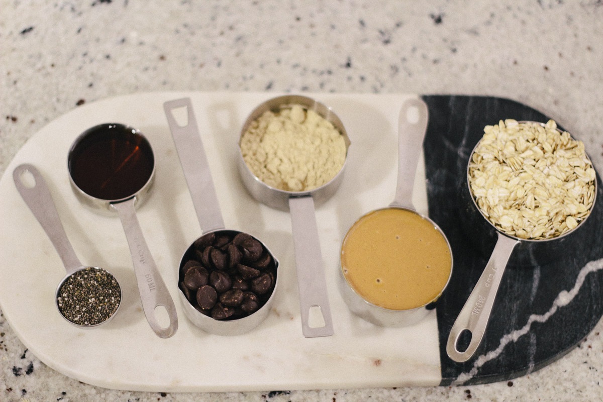 chia seeds // maple syrup // dark chocolate chips //protein powder // peanut butter // oats
