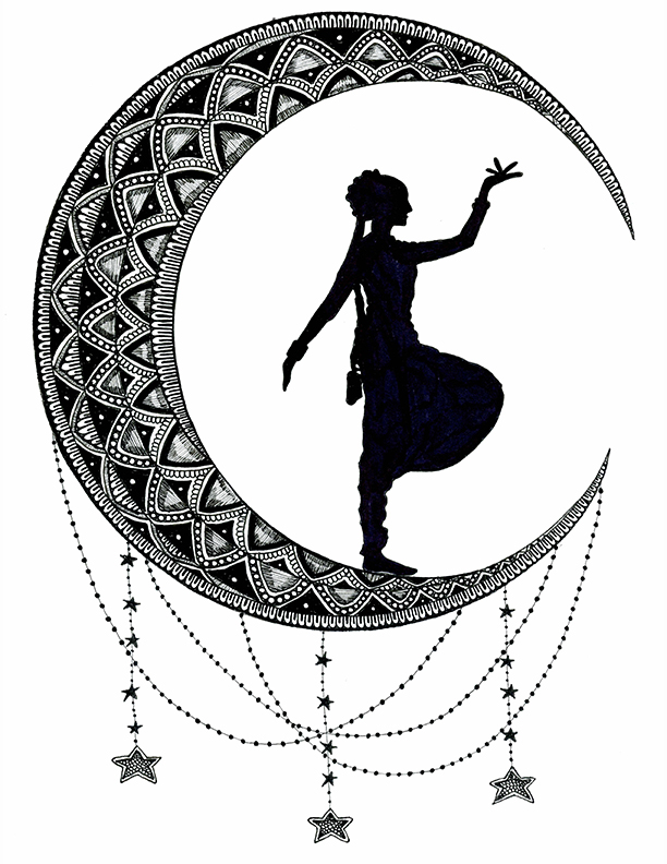 Bharatanatyam dancer silhouette , Crescent Moon 