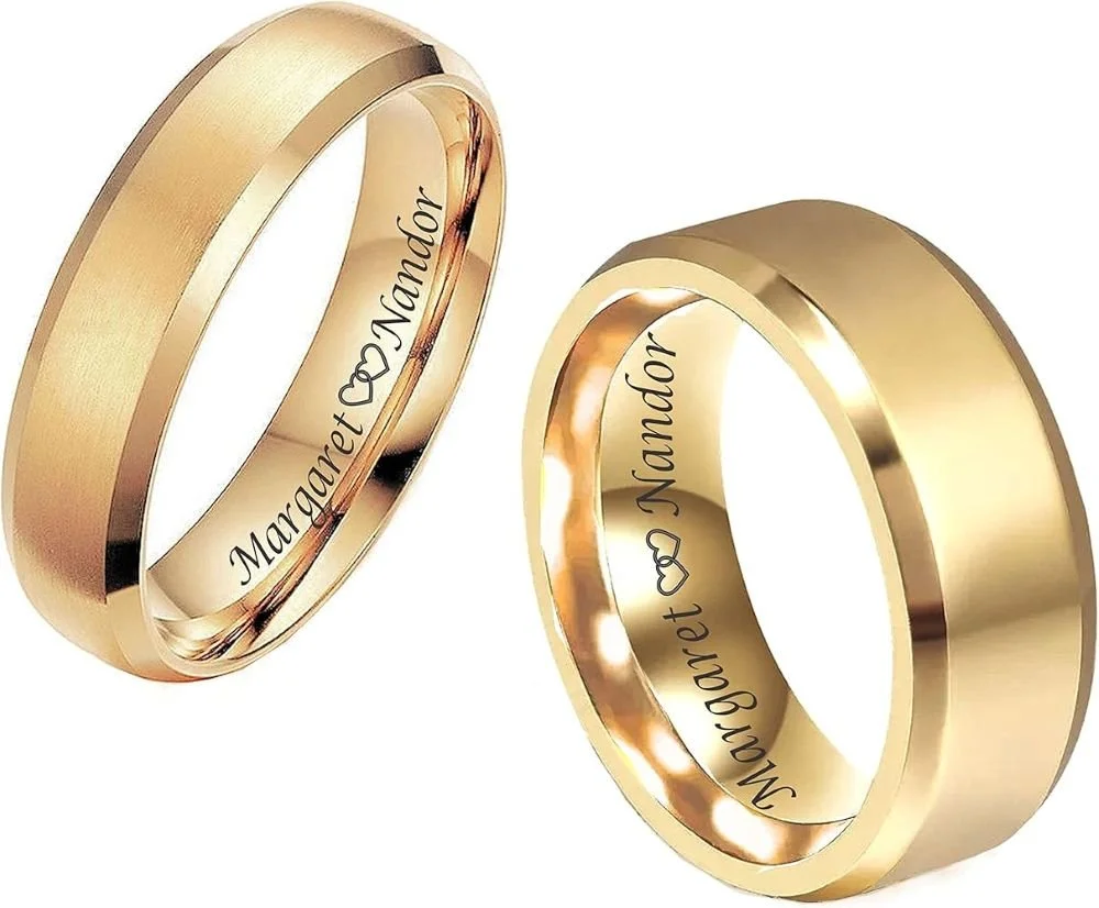Gold beveled edge engraved wedding band set in Buffalo NY