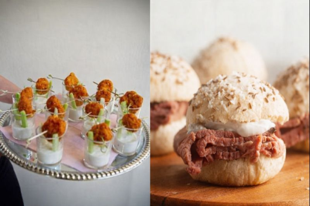 Buffalo, NY themed wedding reception appetizers chicken wing shooters and beef-on-weck sliders
