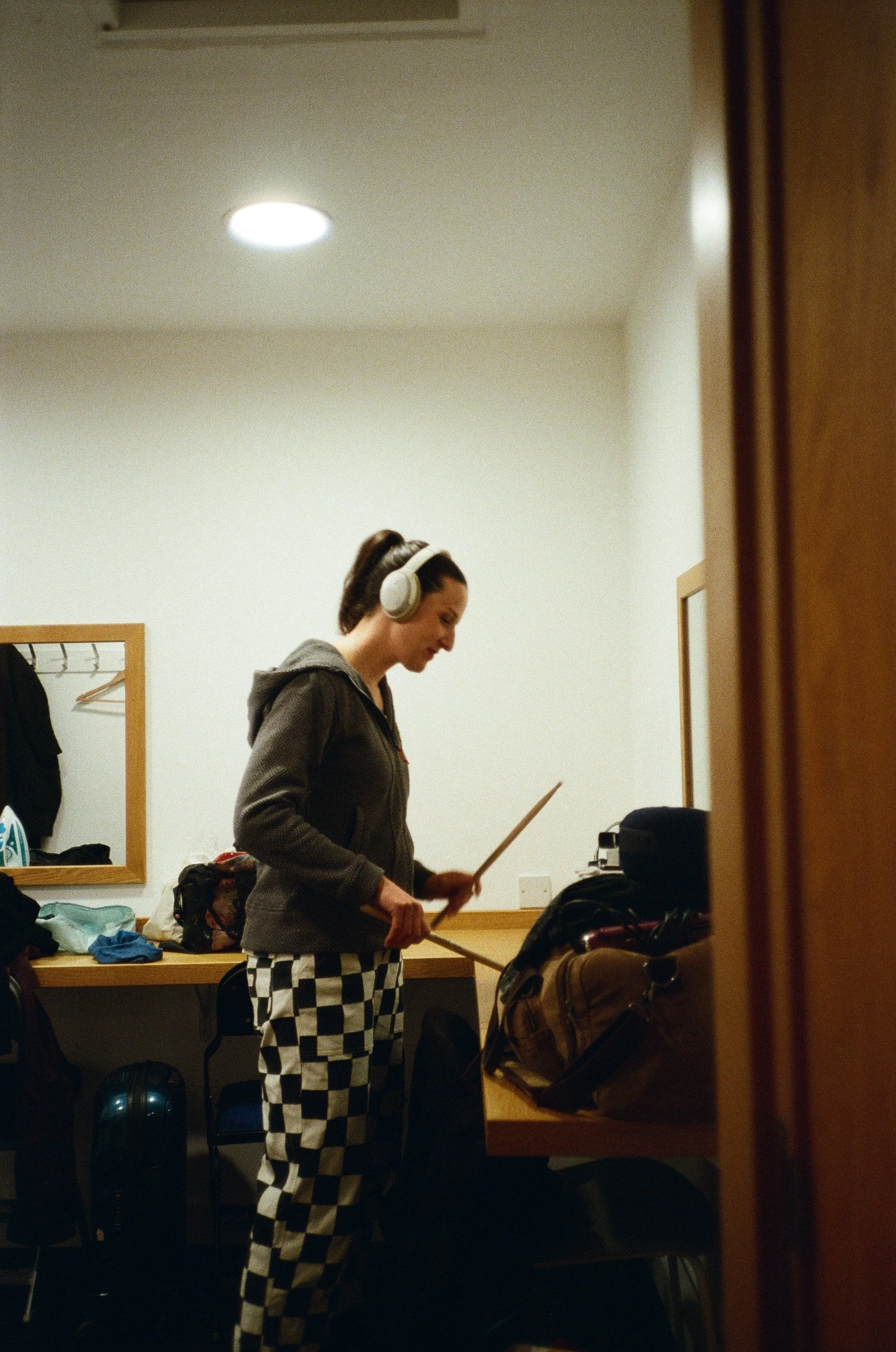 Delia warming up backstage