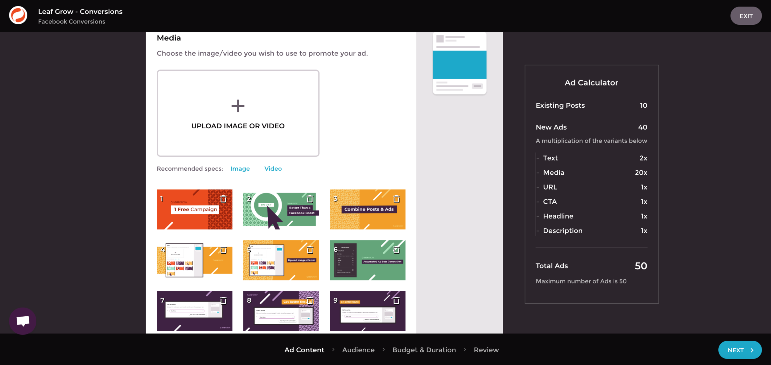 Leaf Grow enables effortless creation and testing of new ads, in combination with existing posts.
