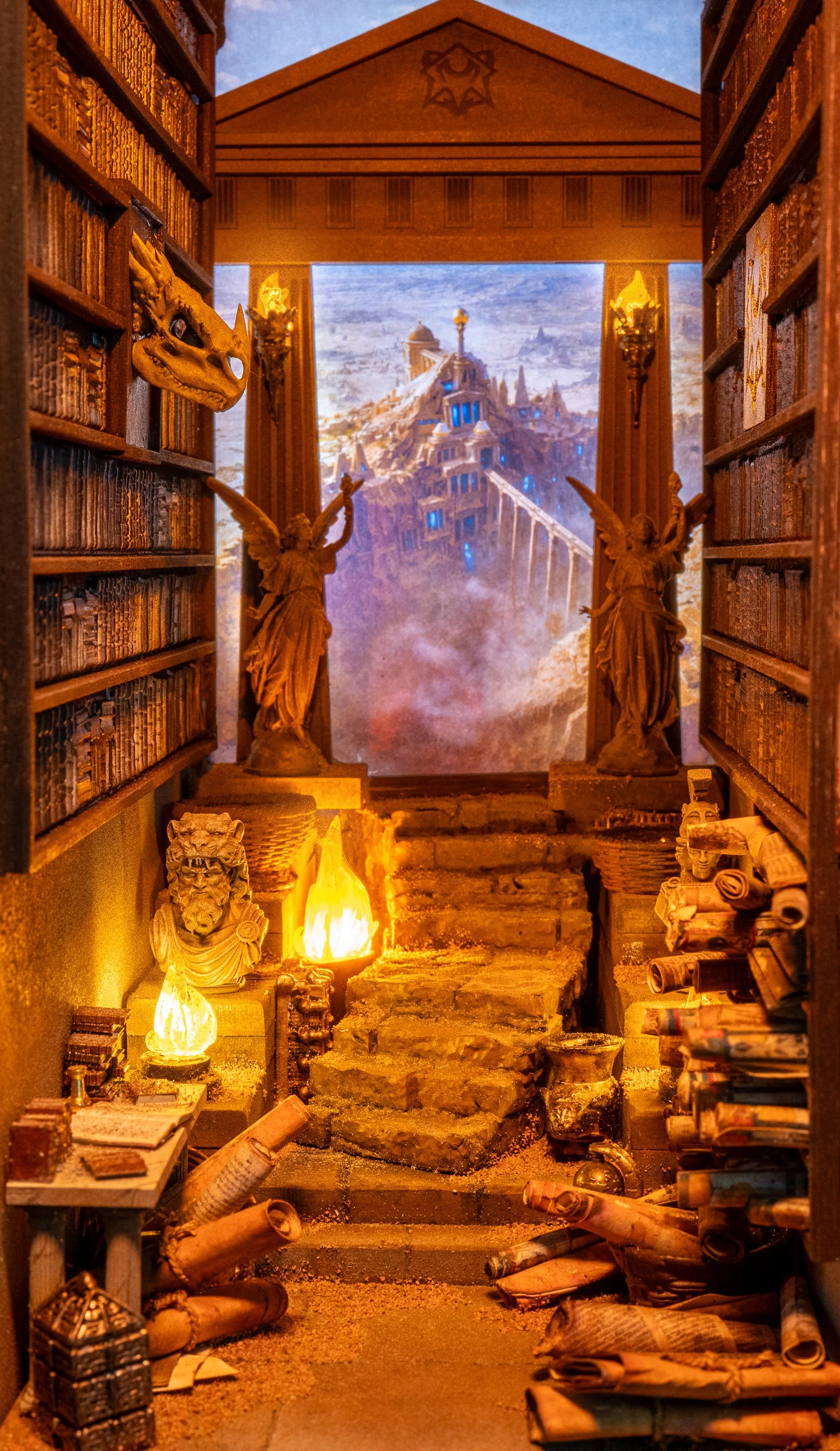 A fantasy library scene with sculptures of angels and a dragon mask, illuminated by warm lights, featuring books, scrolls, and a castle in the background.