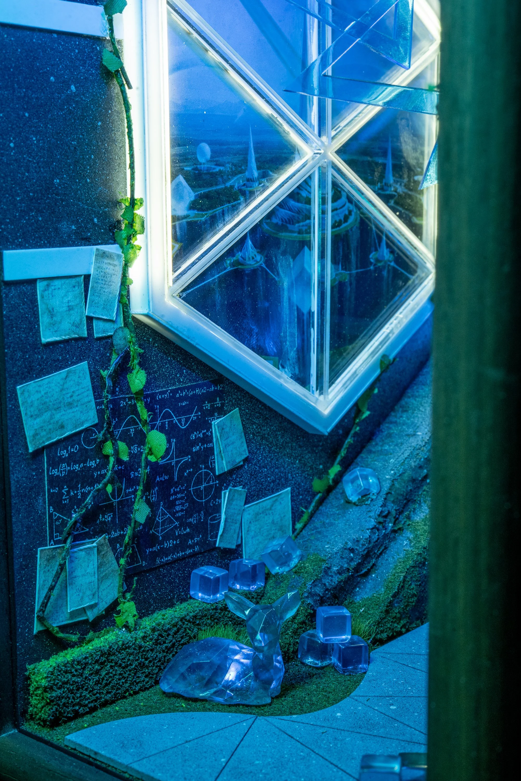 A display case filled with scientific diagrams, notes, and a crystalline structure, with glass blocks and a small green plant on a black surface.