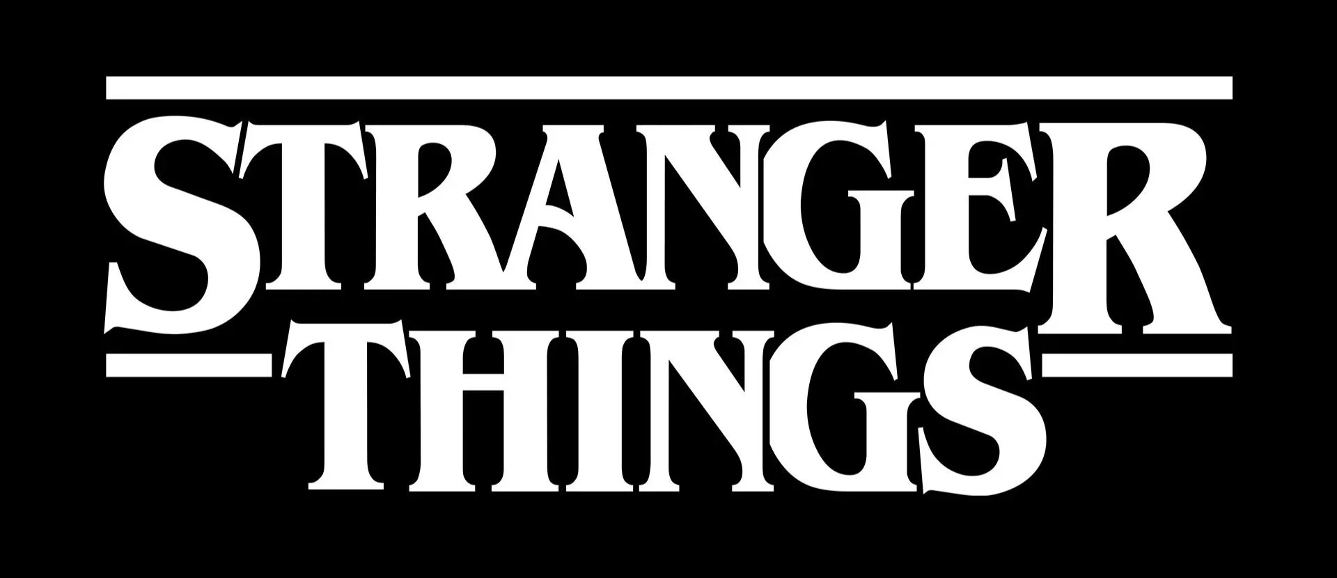 Stylized black and white logo with the text 'Stranger Things' in bold, retro font, with horizontal lines above and below the text.