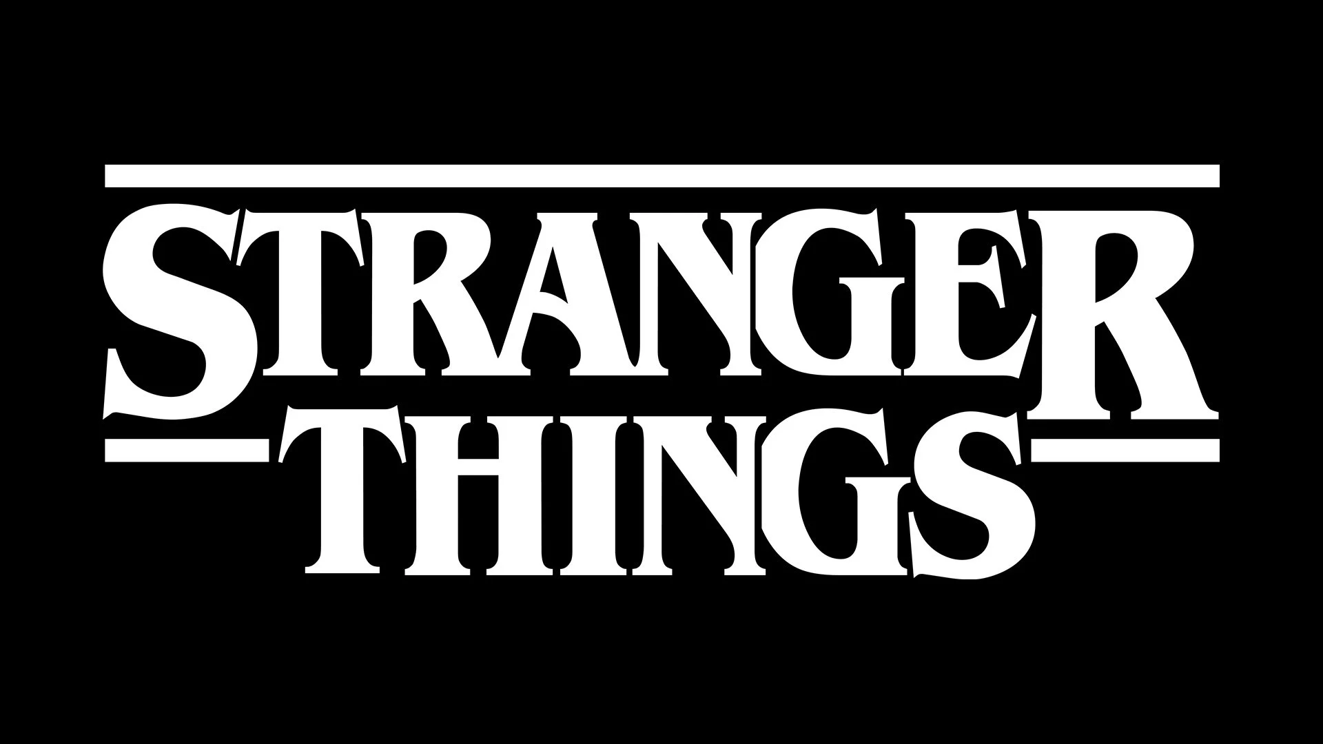 Stylized black and white logo with the text 'Stranger Things' in bold, retro font, with horizontal lines above and below the text.