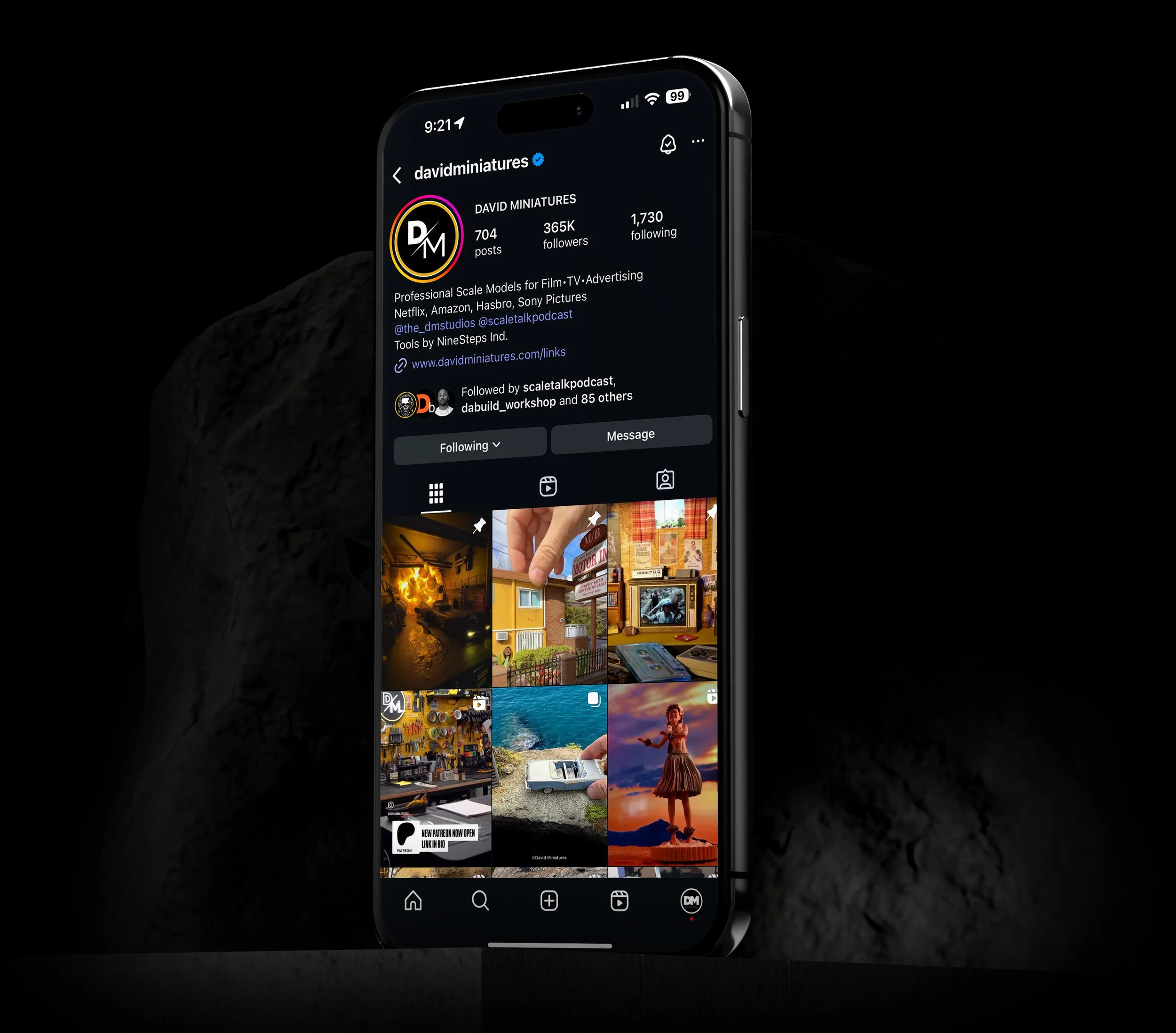 iPhone displaying the Instagram profile of davidminiatures, a professional scale model creator, with profile details, followed by a grid of various miniature scenes and models.