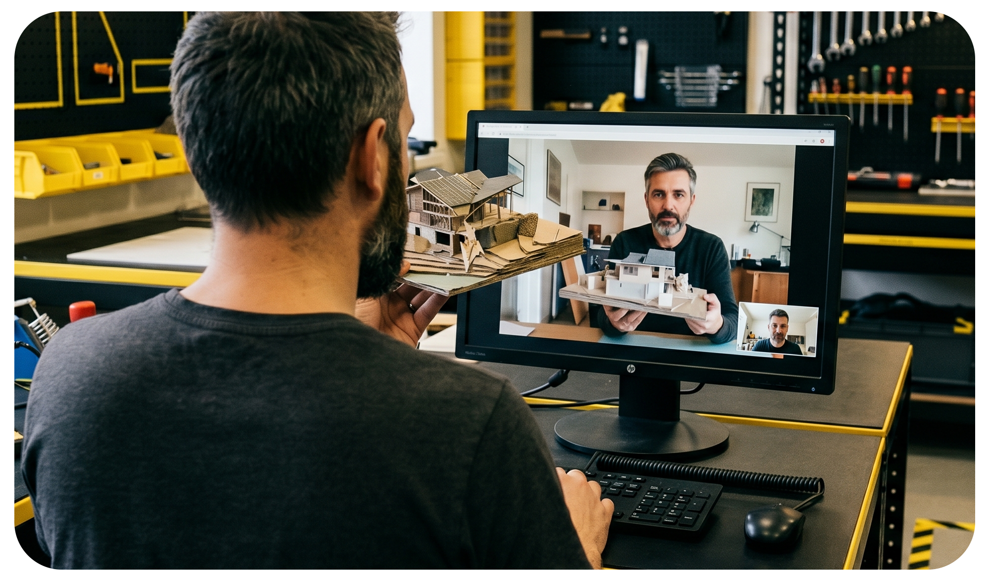 A man with a beard at a workbench holding a miniature house model, looking at a computer monitor. The monitor shows a video call with another man presenting architectural models, with tools and organization bins in the background.