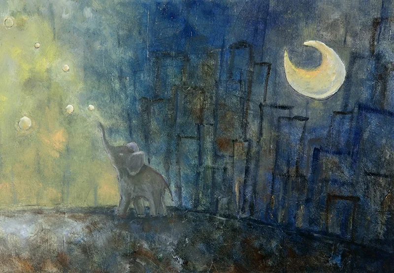 The Elephant Leaves the City Oil, Graphite and Wax on prepared paper 8.75 x 11.75 in Limited edition Fine Art prints are available of this image for $75 - 8 x 10 in / $150 - 11 x 14 iN