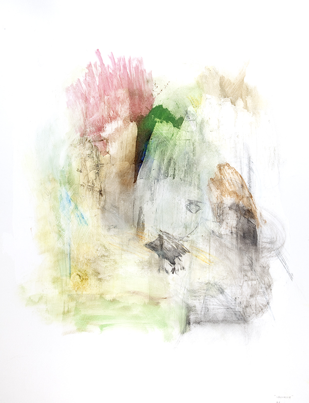 Crevasse Oil, acrylic, matte medium, graphite, ink, and wax on prepared paper 24 x 18 in
