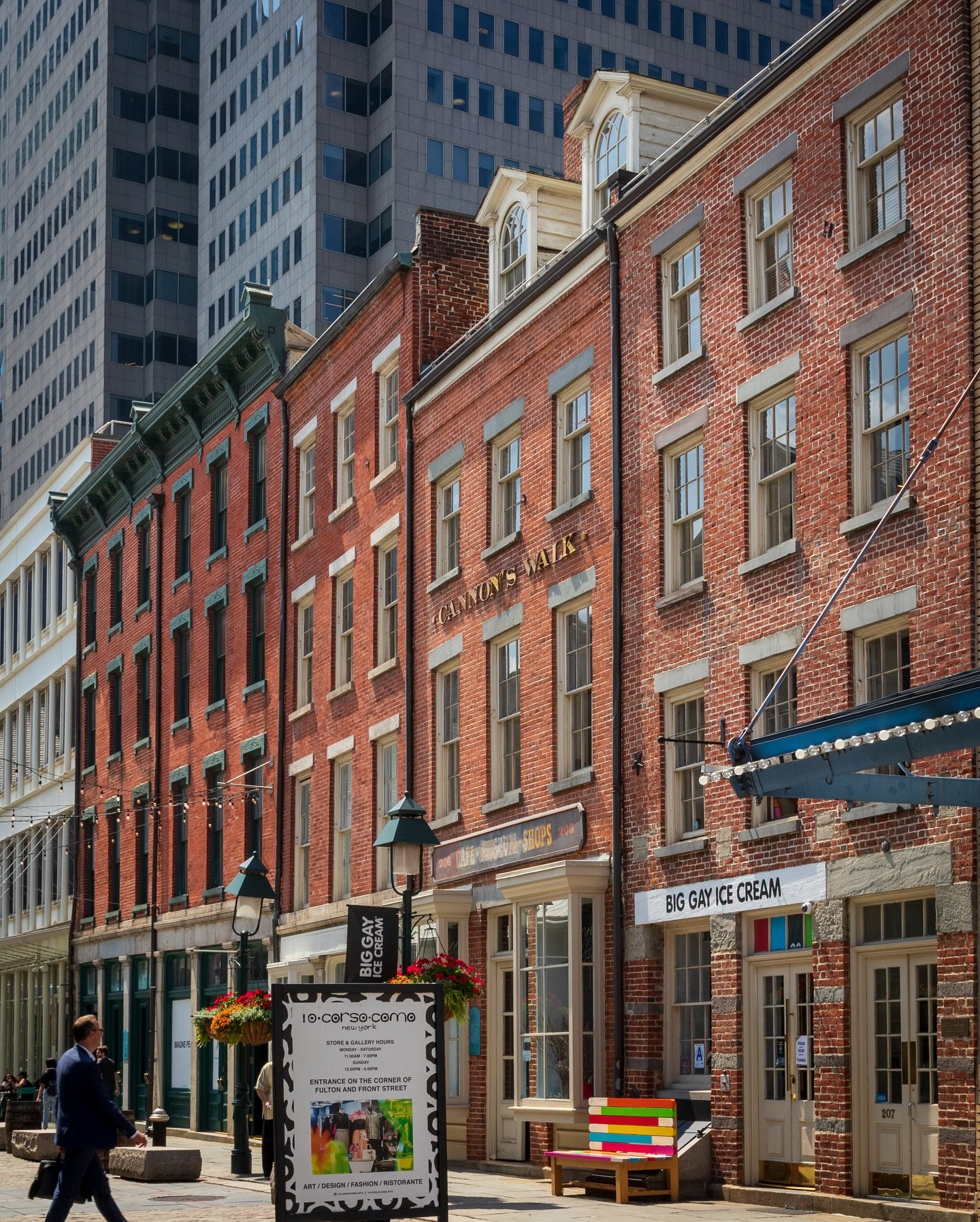 This collection of buildings on Front Street in the Seaport contains some of the oldest buildings in Manhattan, with a few dating to before 1800. No. 204 and 206 date from 1799, with the other buildings dating from around 1800-1815. They all survived