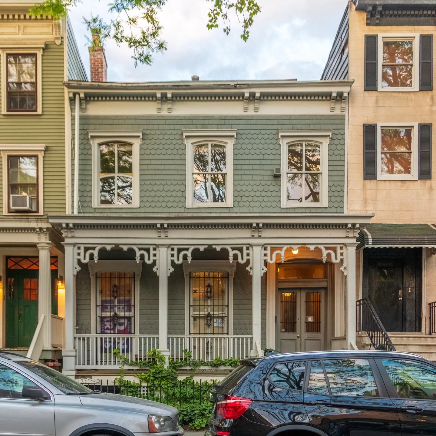 Adelphi Street in Fort Greene has a great collection of wood-frame houses. This one at 333 was built in 1855 for Edward W. Genung, and reflected the changing tastes in Brooklyn. The popular Greek Revival style was beginning to change into a more orna