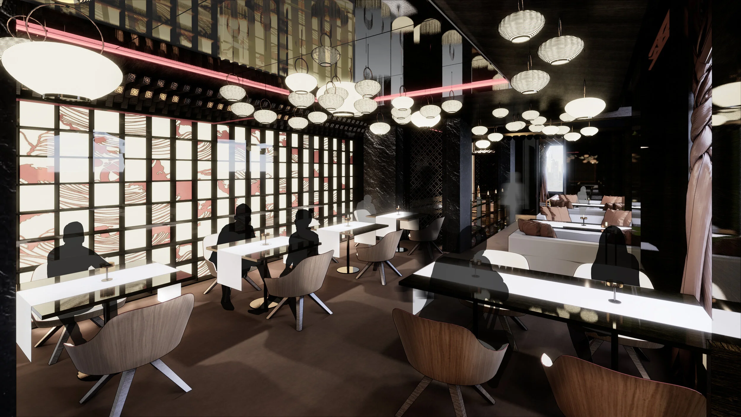 Semi Private Sake Lounge Bar Featuring Custom Lanterns