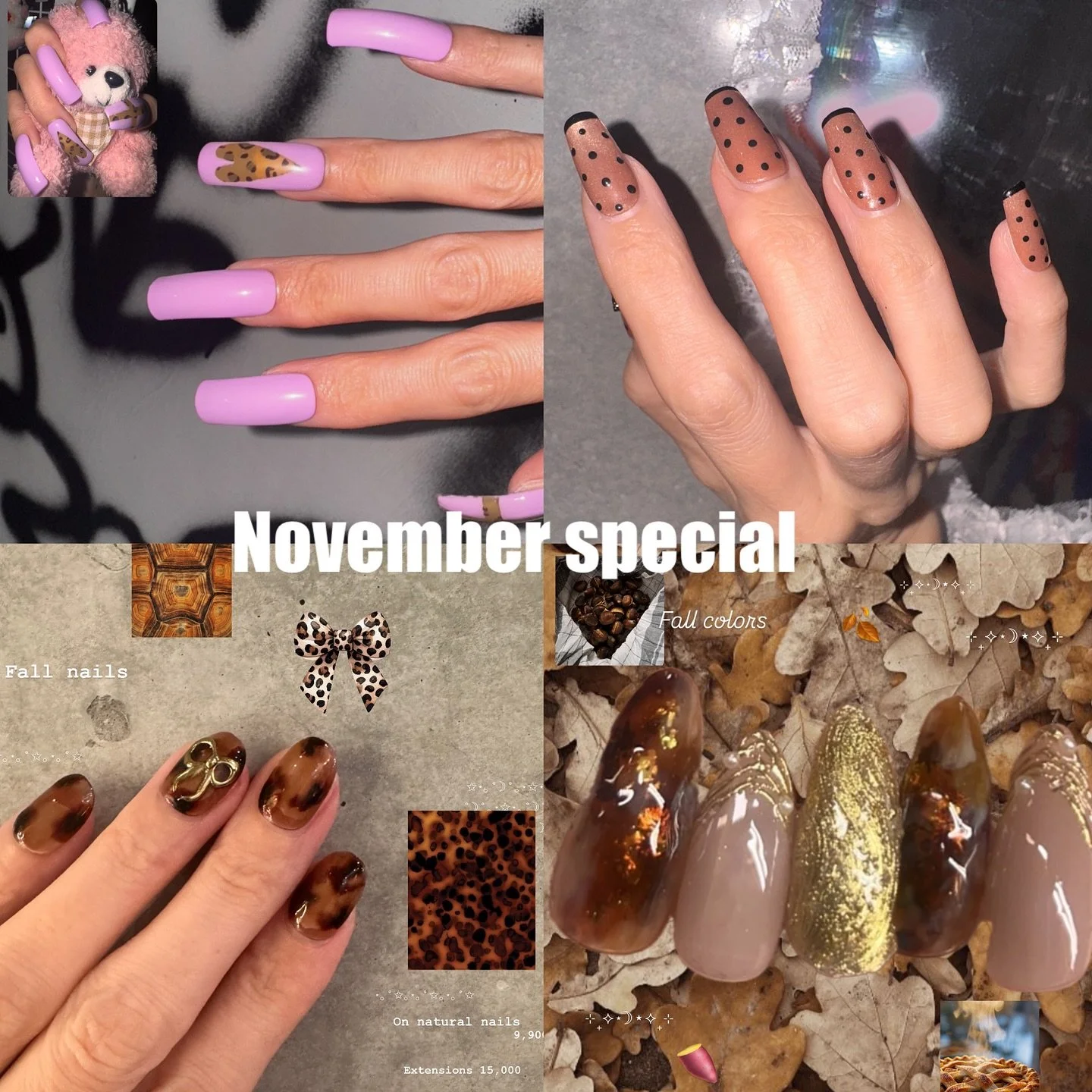🍂11月限定 / November Limited🍂
自爪 Natural nails ¥9,900
長さだしあり With extensions ¥15,000 (税込 / including tax)
✨Monthly Special Designs ✨
Book under “Monthly Special” 💅
Color change OK / Removal not included
🍁This month’s them