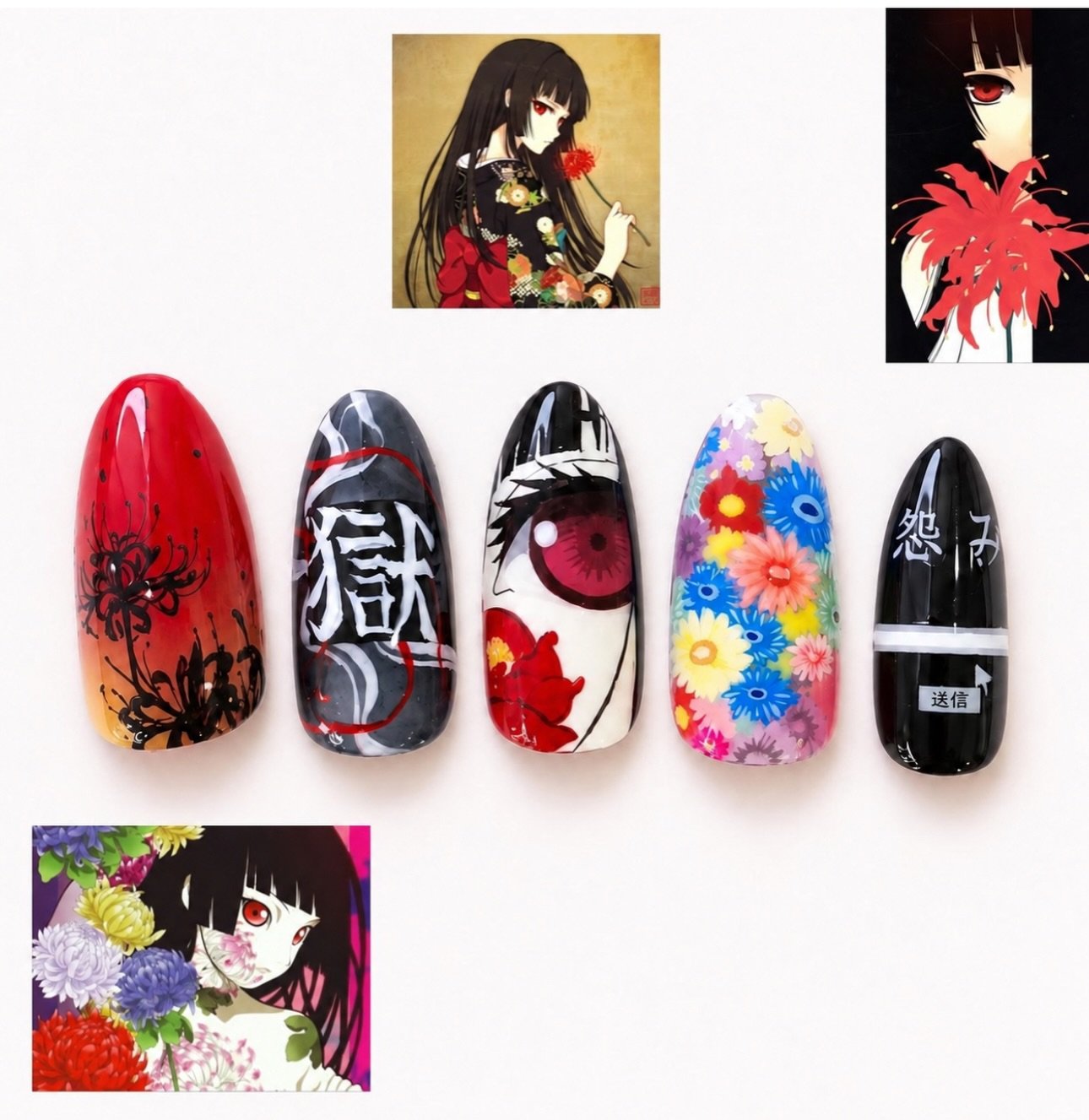 #地獄少女 inspired nails by @saki_topcoat 🖤

Detailed hand-painted anime nail art takes time, so we now offer these designs as custom press-on nail sets 💅
They&rsquo;re reusable, so you can enjoy them again and again 👌

Perfect if you want highly deta