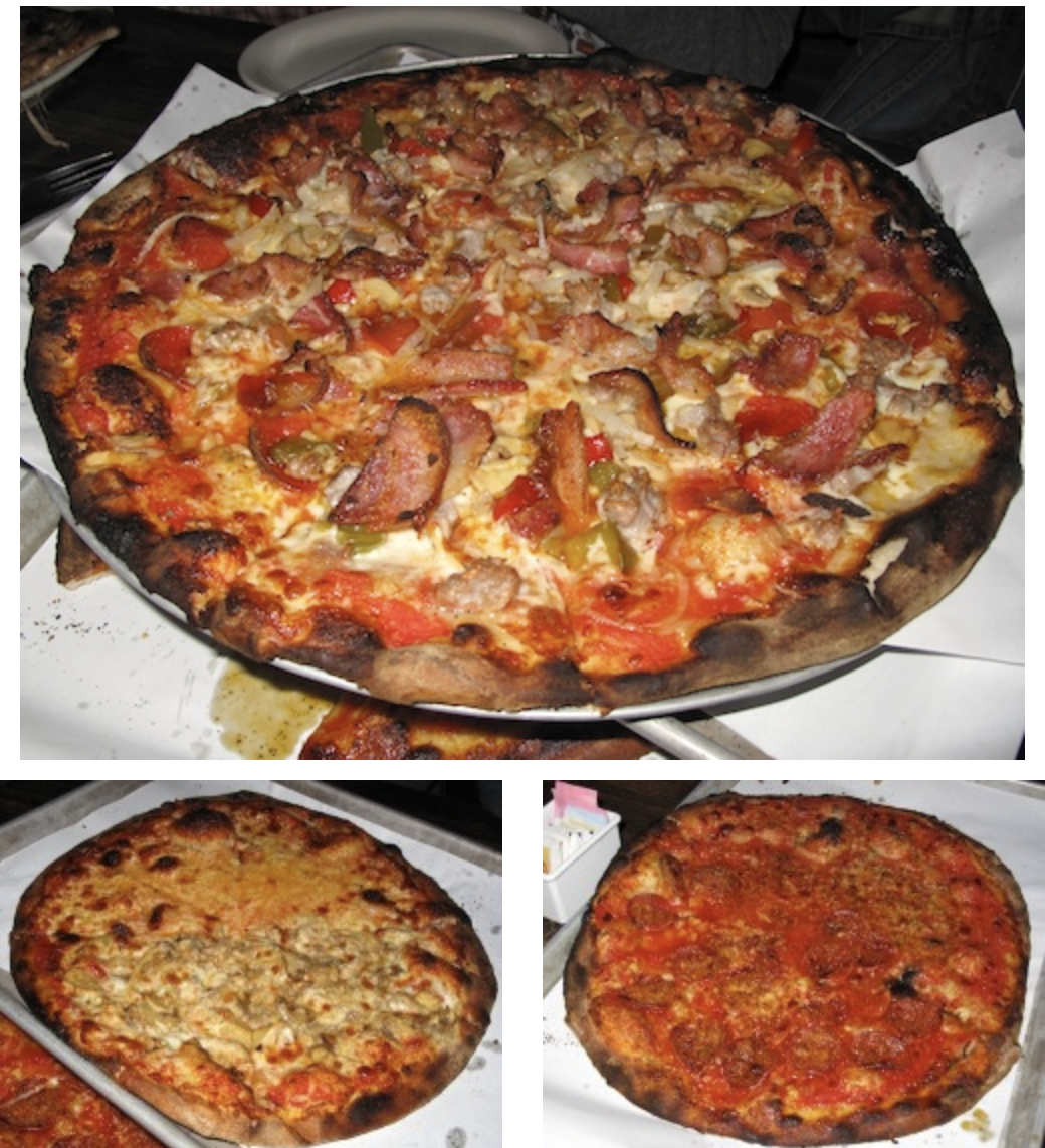 Top, Medium Italian Bomb. Bottom left, Half-Mozzarella Apizza, Half-Mushroom. Right, Mozzarella Apizza with Pepperoni.