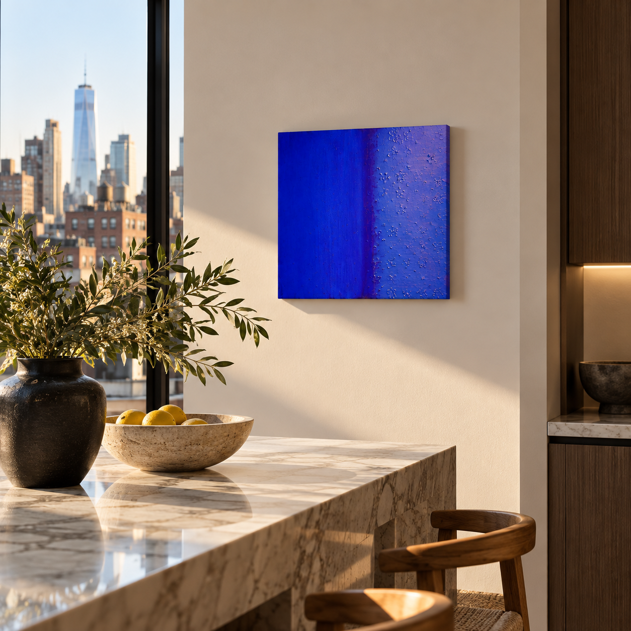 a 12 × 12 inch blue abstract painting by SUPERBLOOM, displayed in a contemporary New York City kitchen.