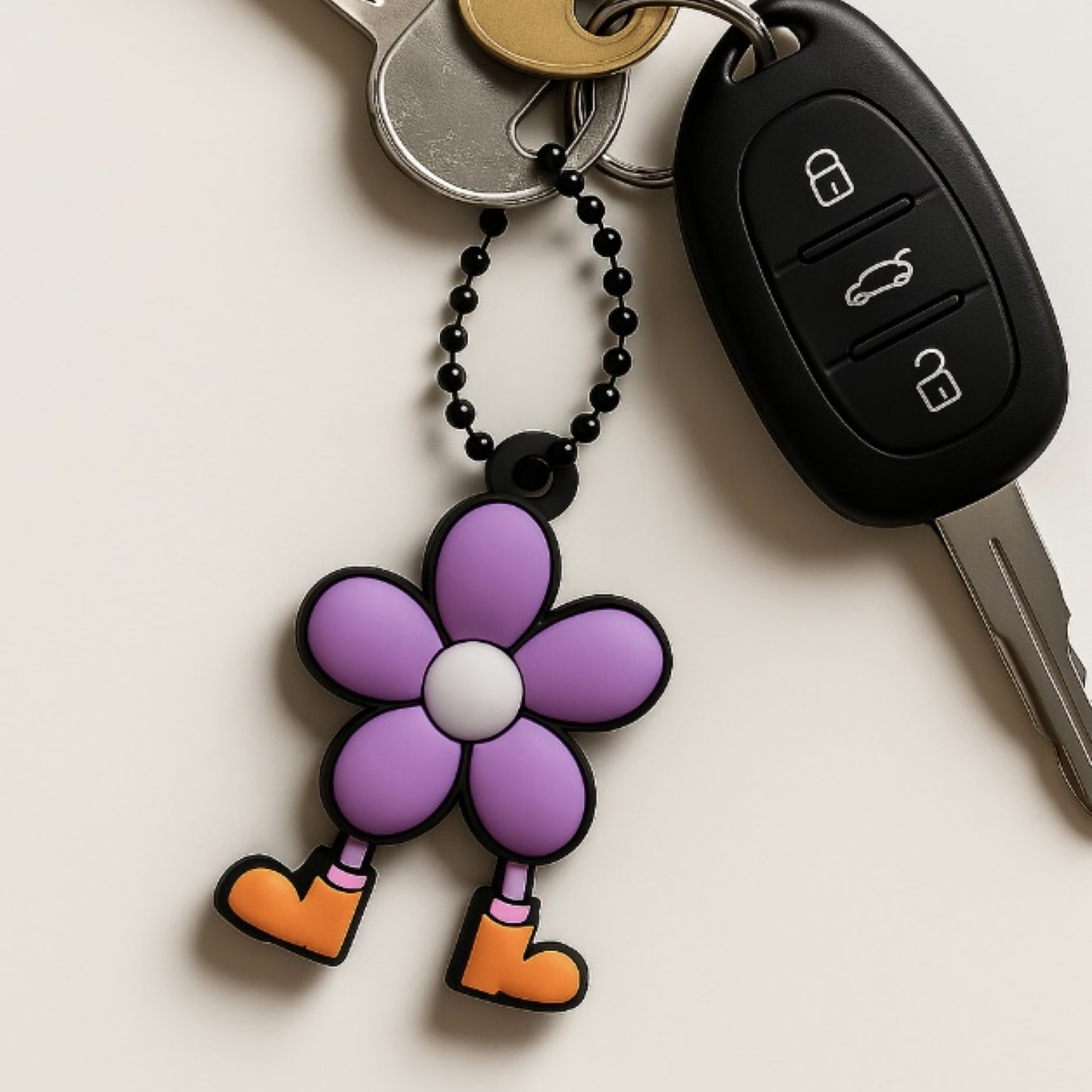 Dandy Bloomer flower keychain attached to a modern keyring, showing its use as a fun everyday keychain accessory.