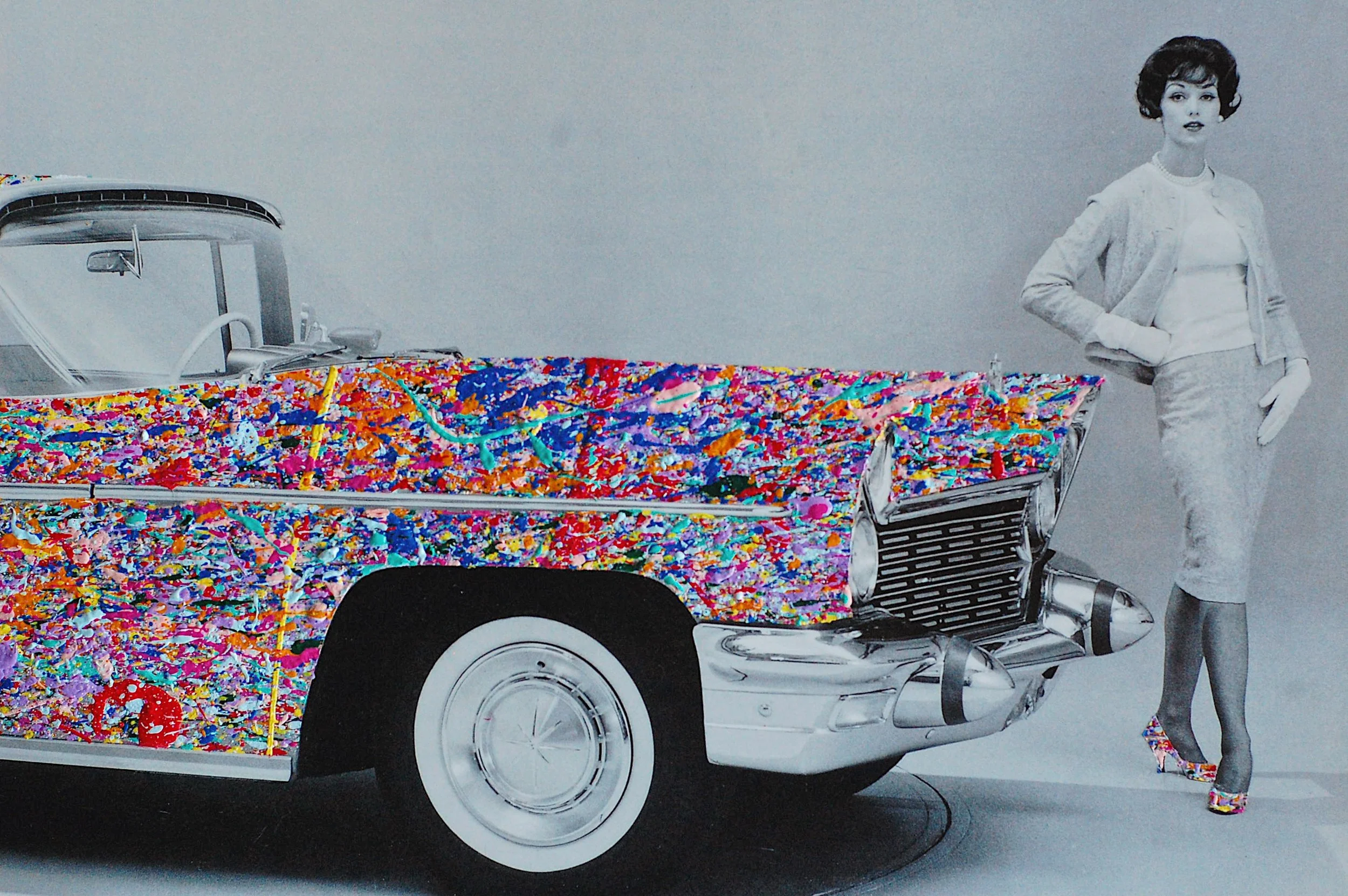 Close-up of a 1960 Lincoln Continental side profile layered with colorful paint splatter, blending mid-century automotive design with contemporary abstract art.