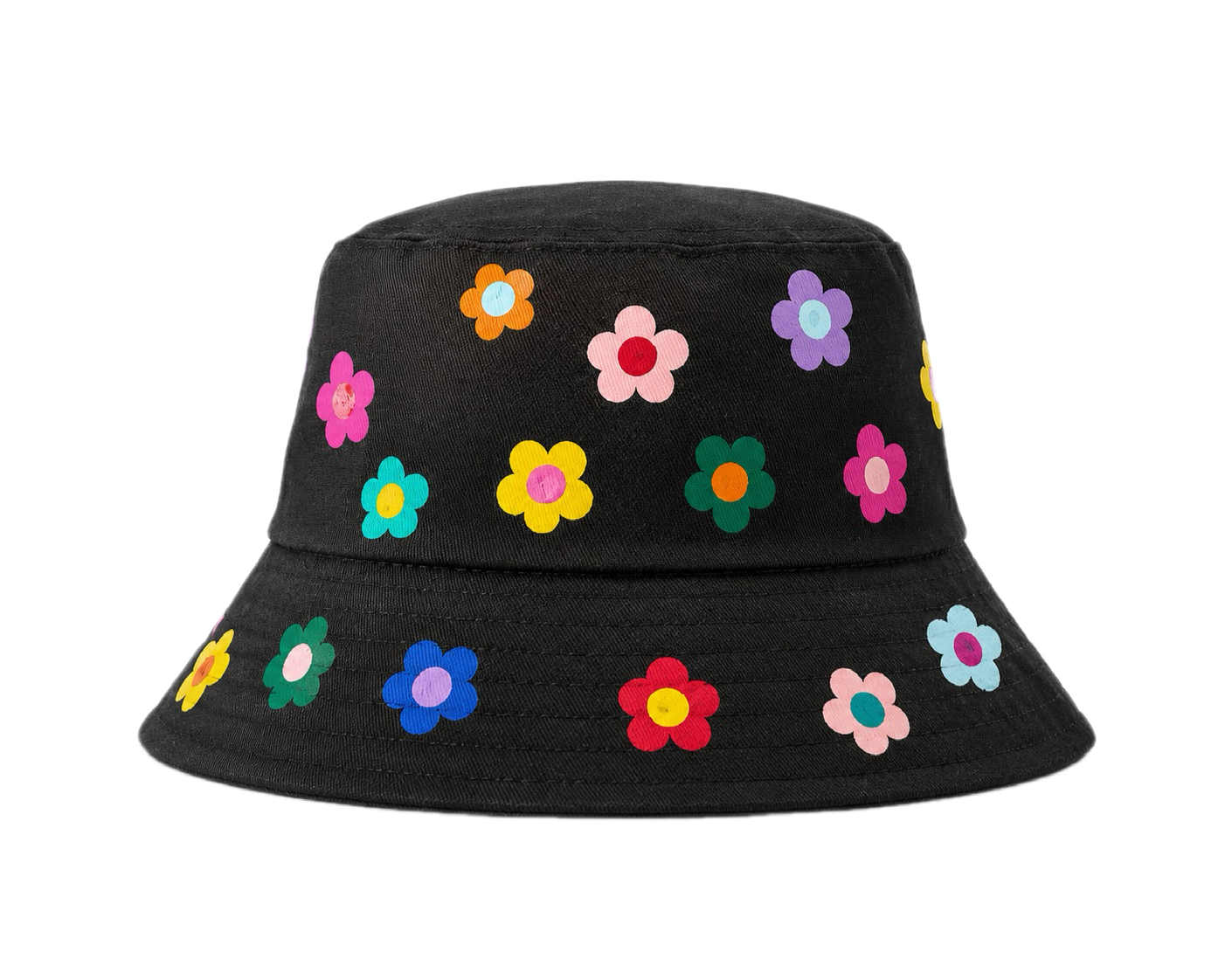 Front view of a black hand-painted bucket hat featuring colorful five-petal flowers on a clean white background.