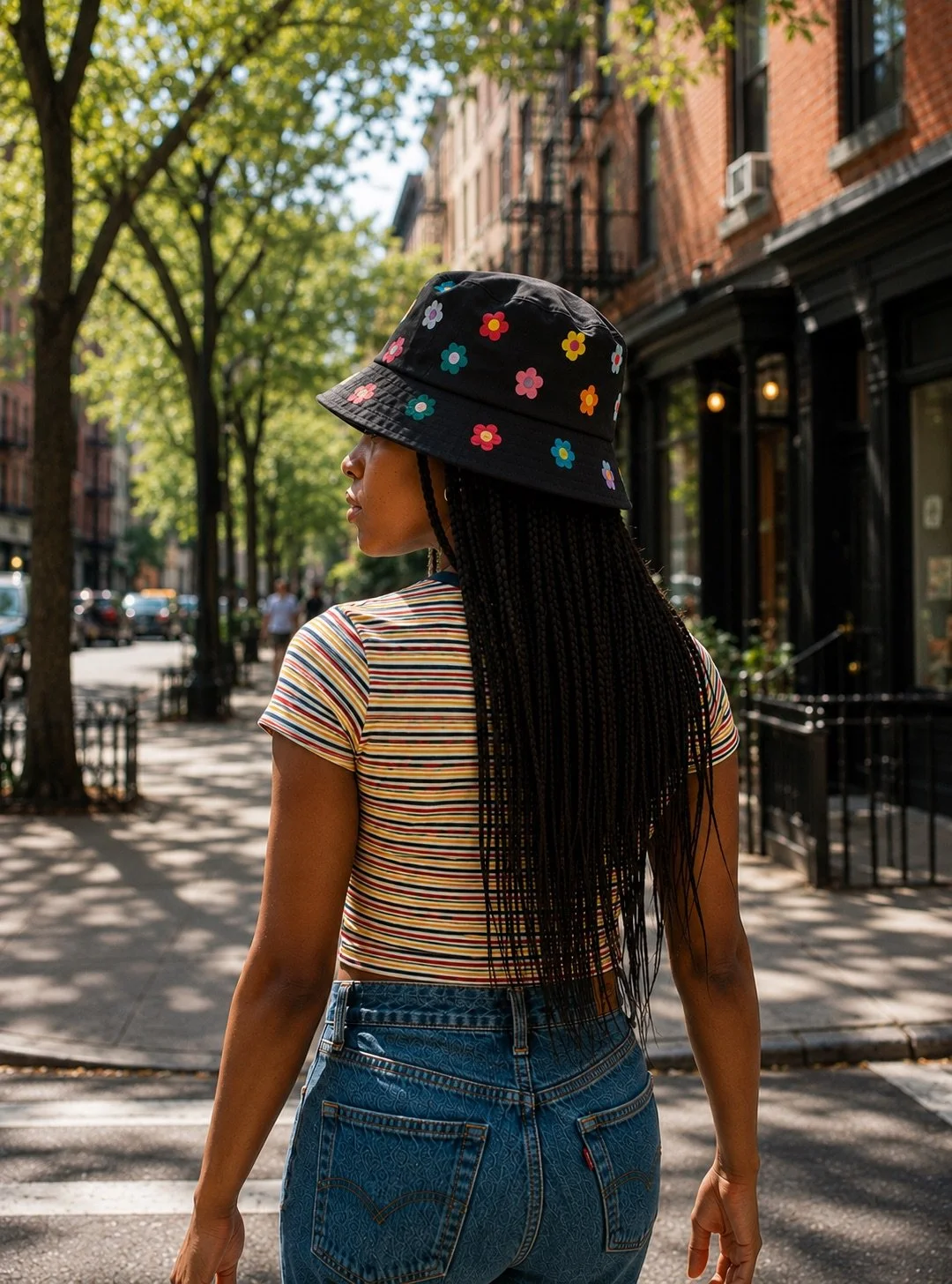 A woman walks through a tree-lined Greenwich Village street wearing a black hand-painted bucket hat with colorful five-petal flowers, a striped shirt, and blue jeans.