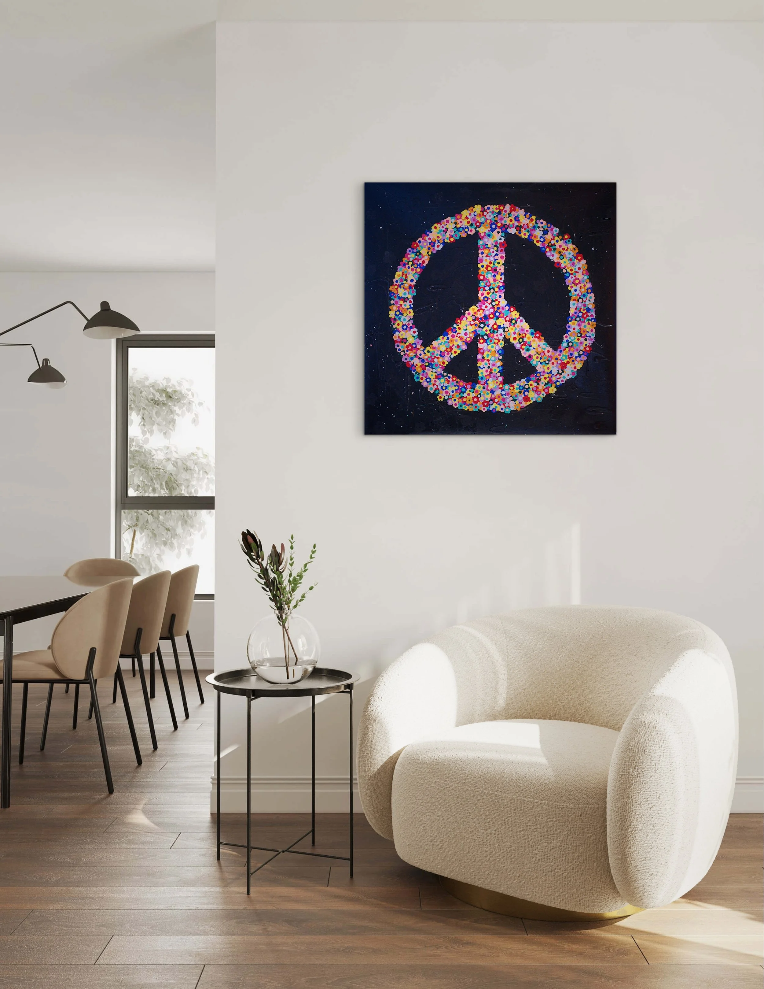 Peace & Flowers, an original 30×30 painting by SUPERBLOOM, shown installed in a modern interior, exploring unity and collective harmony through color and form.